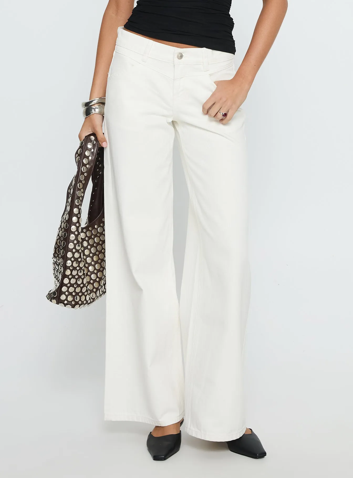 Modern Couple Look Riveted Stress Points Catiana Low Rise Jeans White