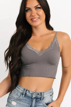 Feel The Moment Ribbed Lace Trim Cami Top (Grey) Breathable fabric