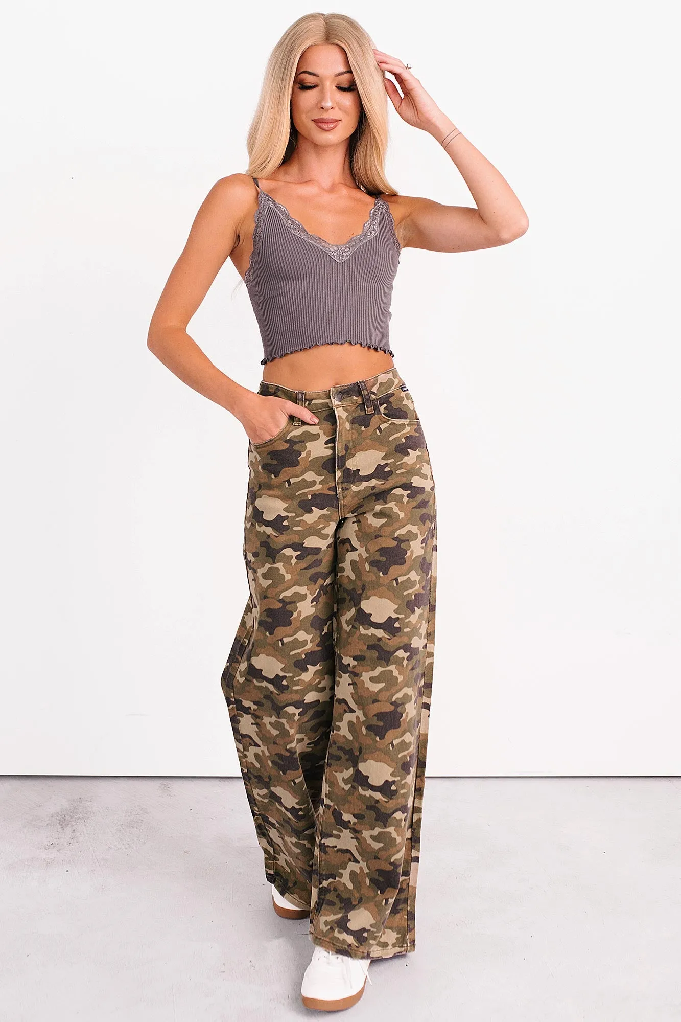 Feel The Moment Ribbed Lace Trim Cami Top (Grey) combat