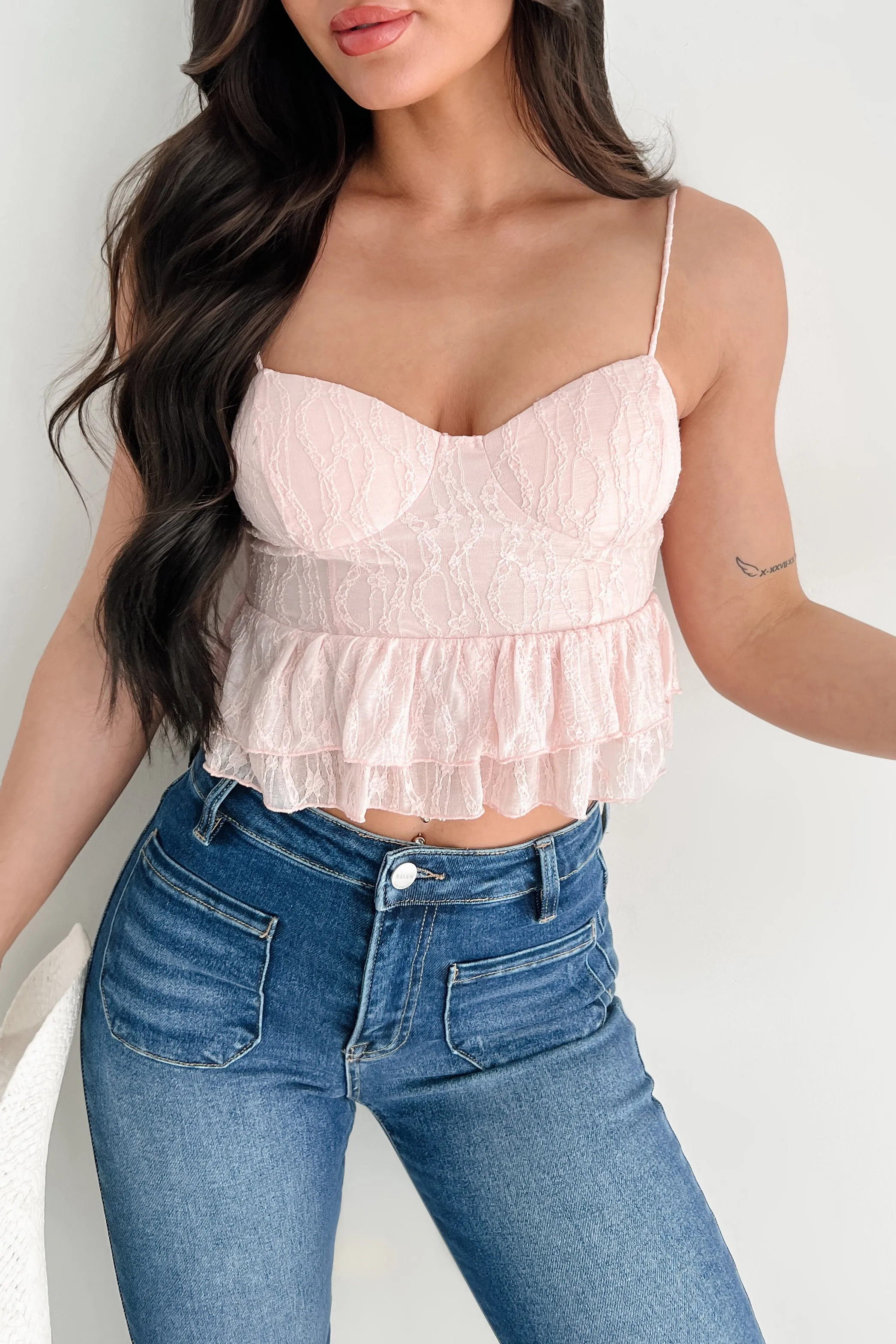Soft Flexible Garden Of Love Lace Peplum Crop Top (Blush)