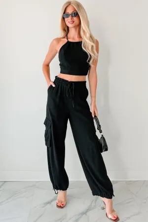 Steady & Sleek Crop Top & Cargo Pant Set (Black) desert scene Light Ready