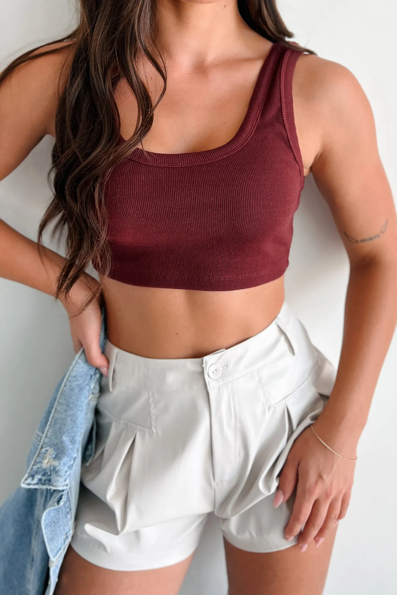 Just Basic Ribbed Crop Tank Top (Maroon) Stretch Panels