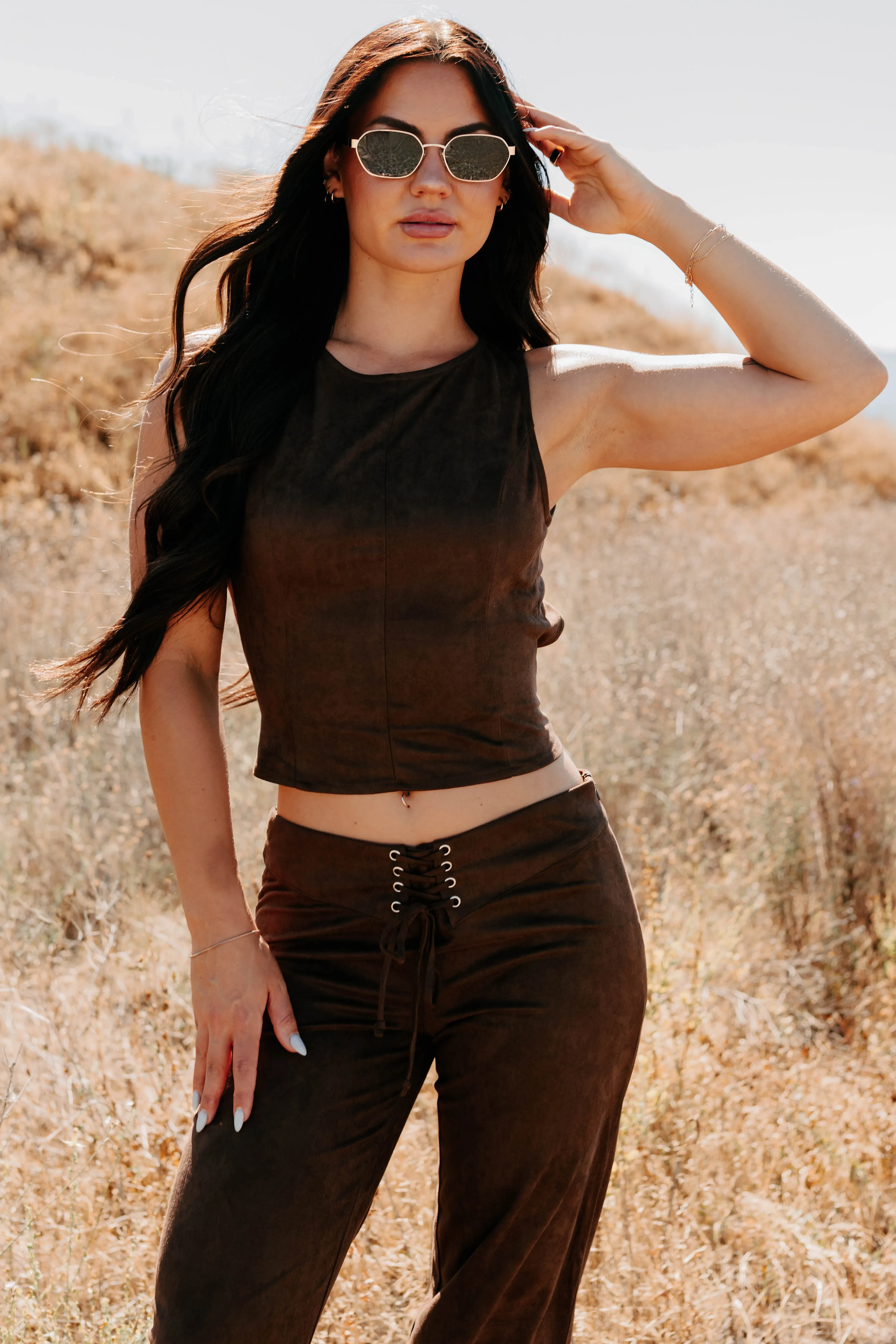 Dynamic Tension Control mid - end Add To Lore Open Back Lace-Up Suede Top (Brown)
