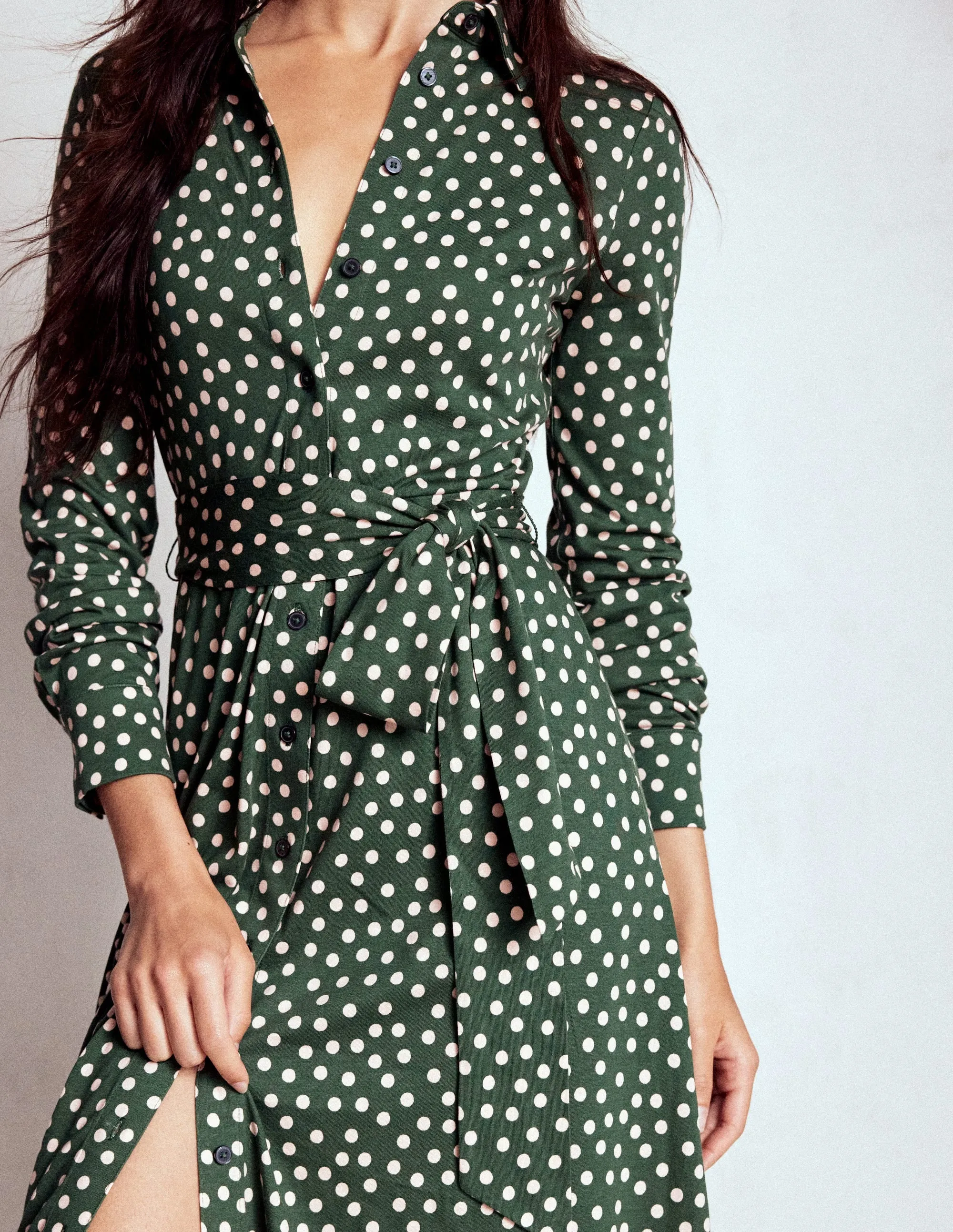 Polished Comfort Marcia Jersey Shirt Dress-Hunter Green, Painted Dot