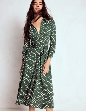 Classic Woman Marcia Jersey Shirt Dress-Hunter Green, Painted Dot