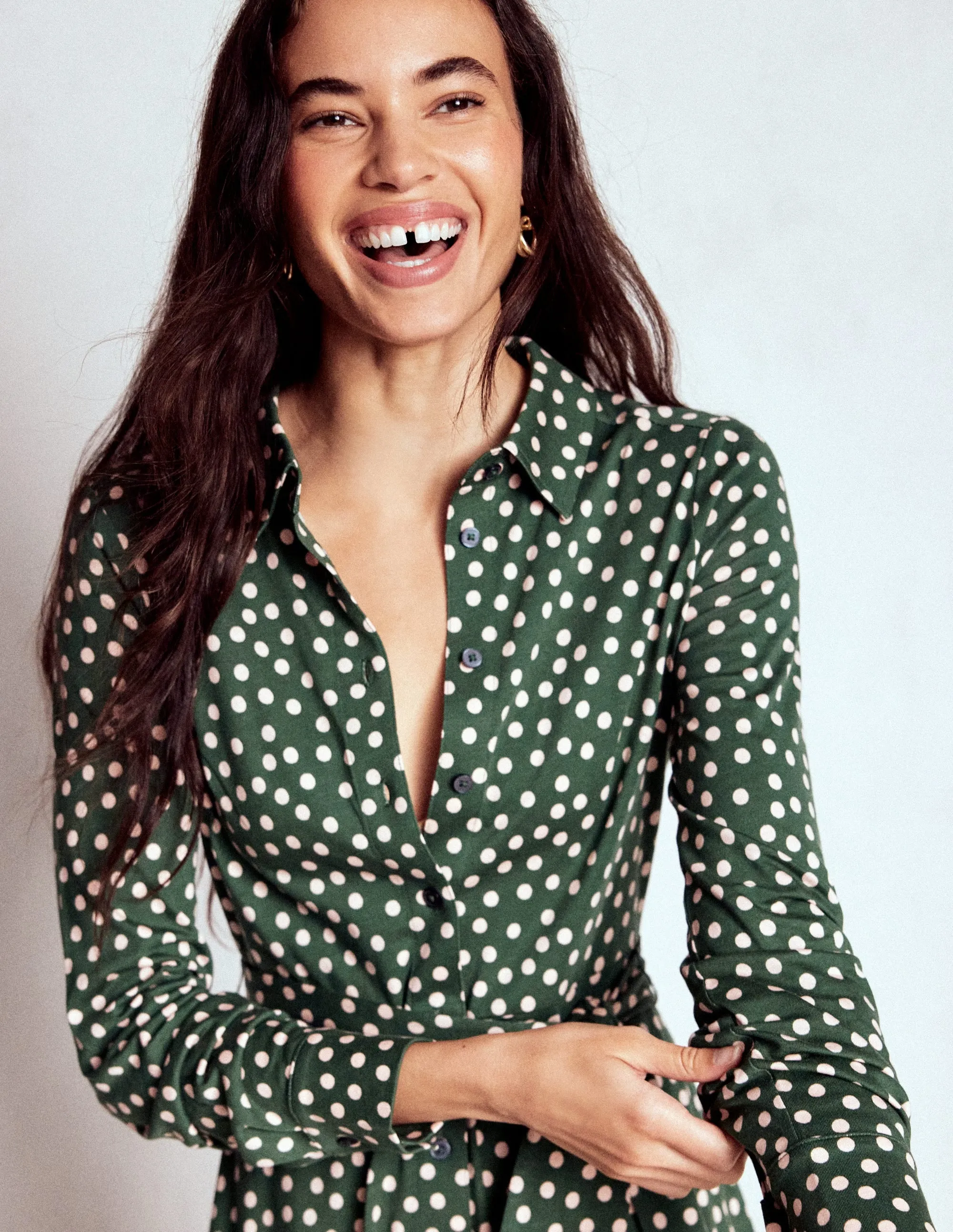 Sun Beam Marcia Jersey Shirt Dress-Hunter Green, Painted Dot