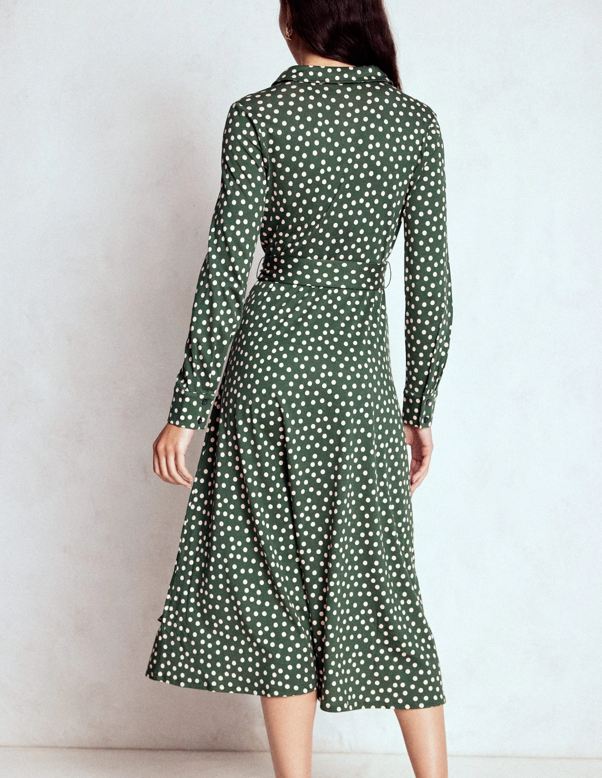 All Season Style Evening Glam Marcia Jersey Shirt Dress-Hunter Green, Painted Dot