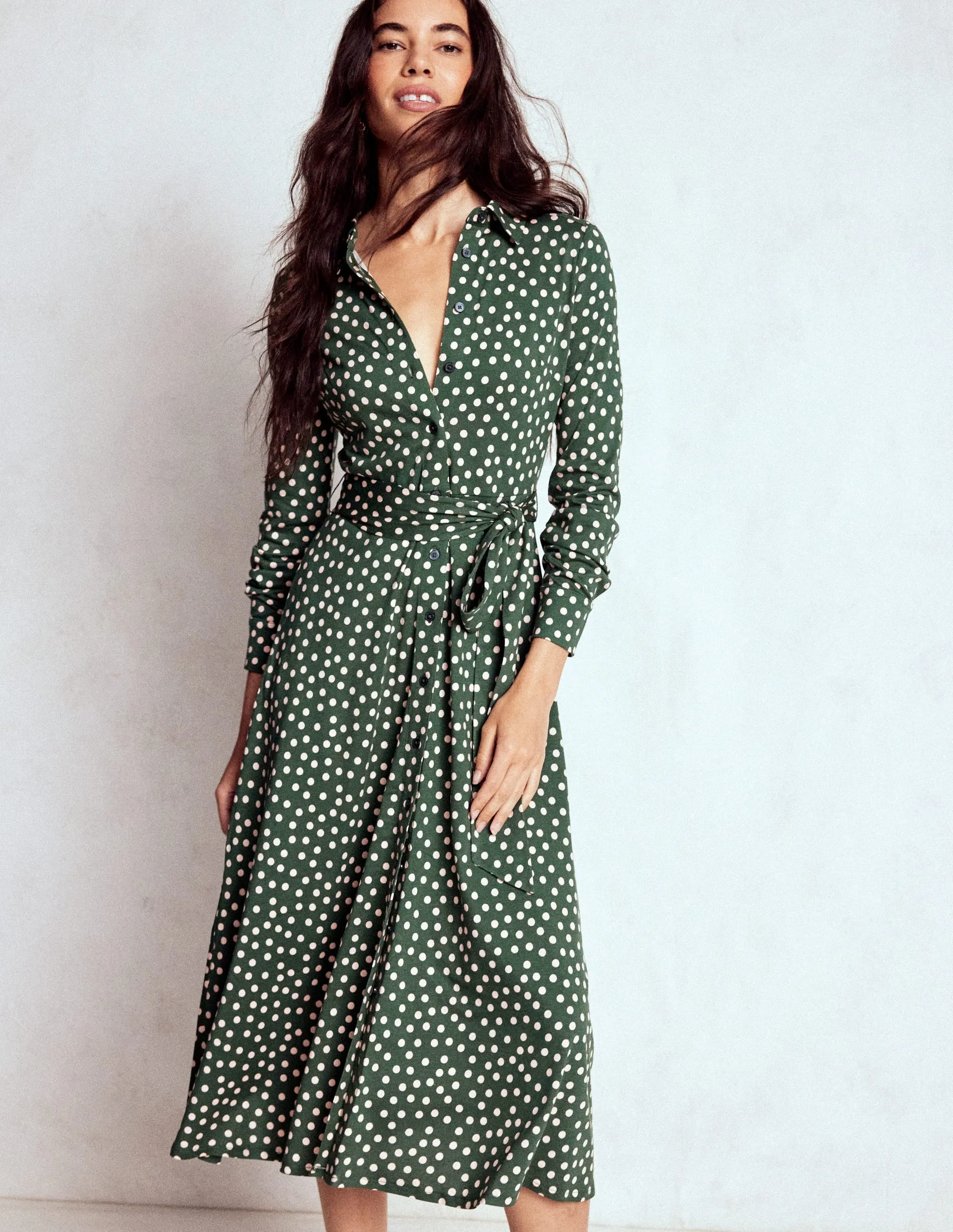 Classic Woman Marcia Jersey Shirt Dress-Hunter Green, Painted Dot