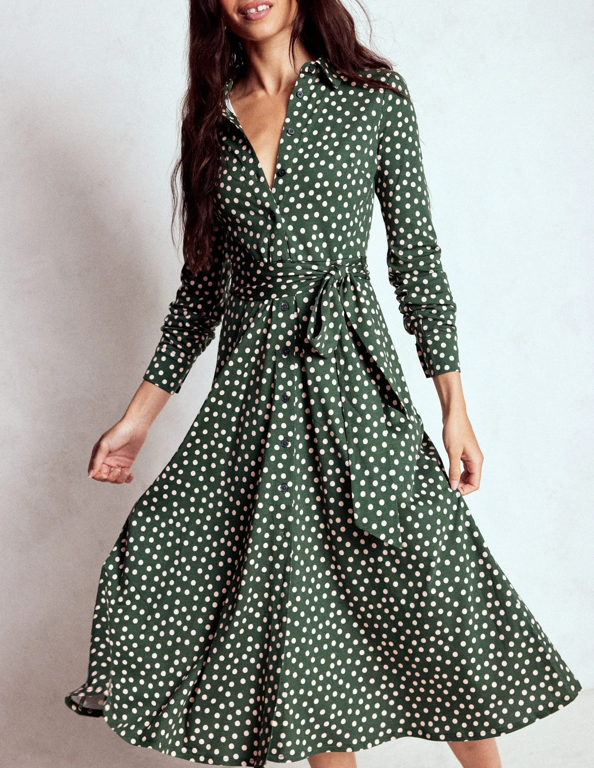 Marcia Jersey Shirt Dress-Hunter Green, Painted Dot Freedom Wear