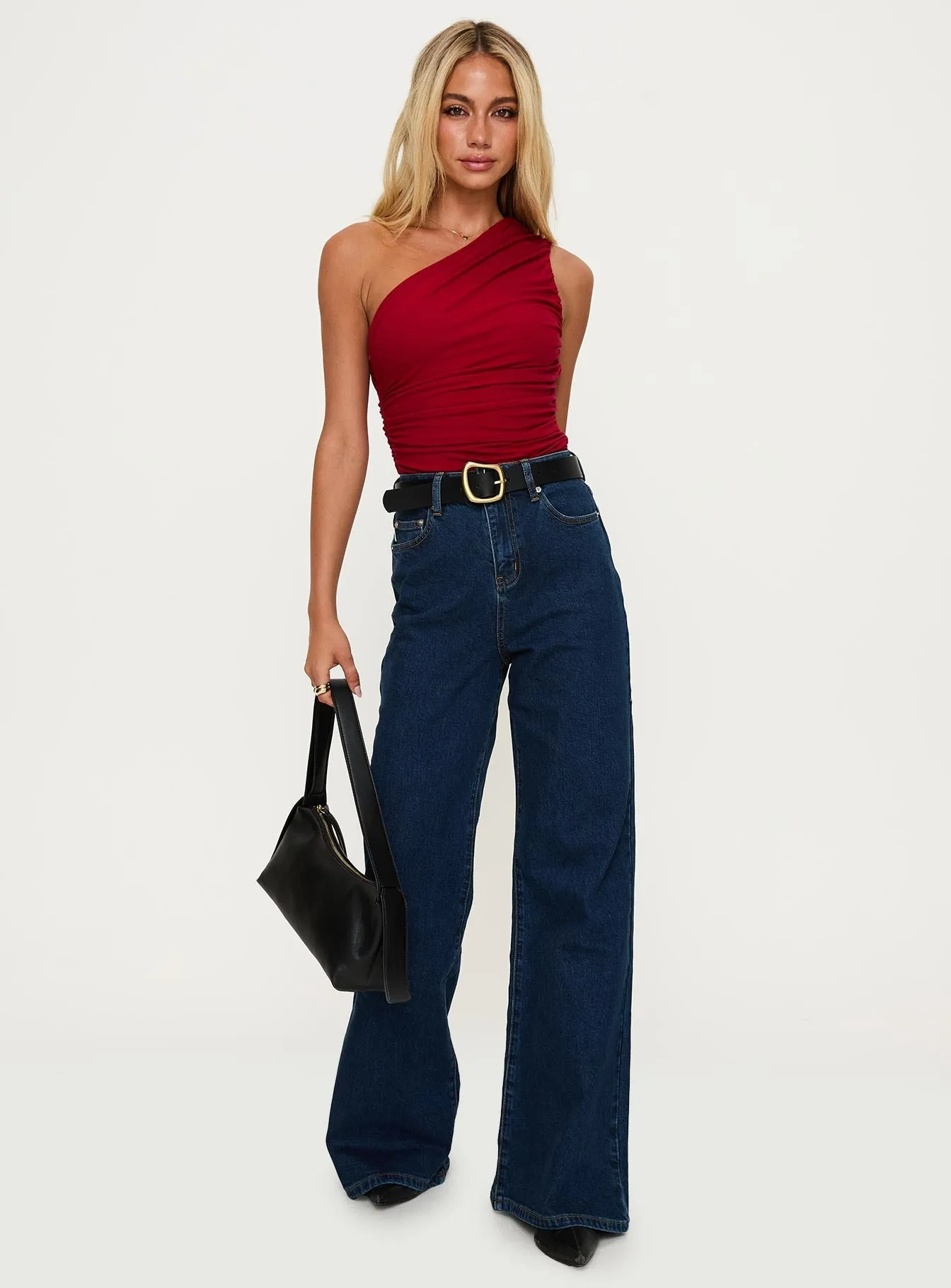Stretch Bold Heston Asymmetrical Ruched Bodysuit Red