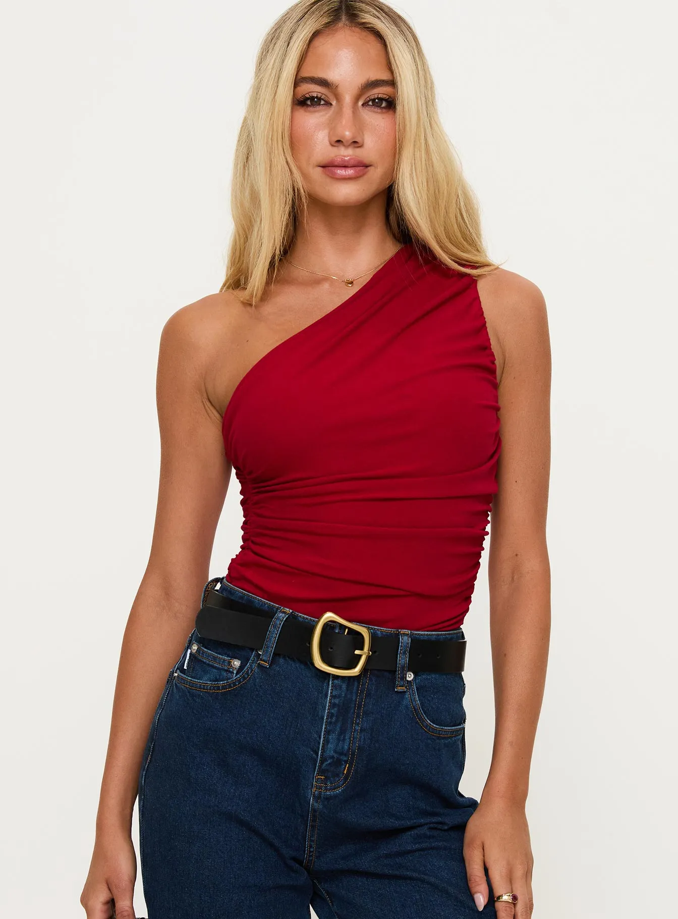 Smart Chic Relaxed Slim Heston Asymmetrical Ruched Bodysuit Red