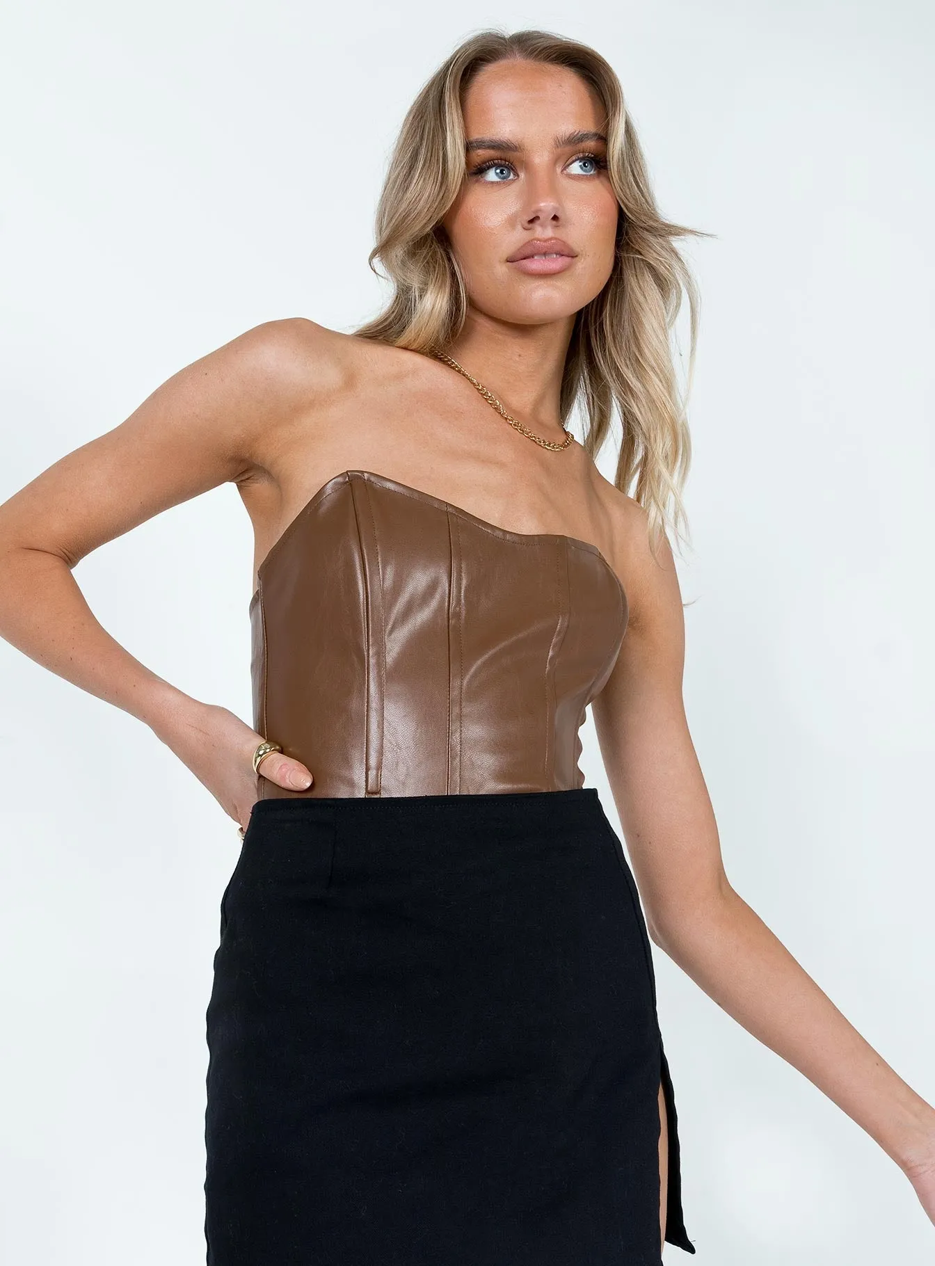 Jessica PU Bodysuit Brown Shopping Retro Breathable Dinner