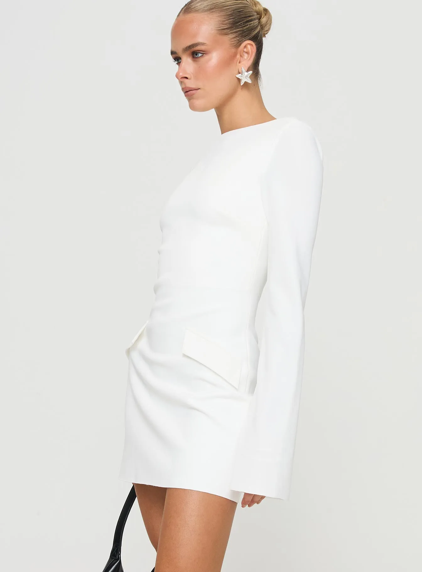 Carters Long Sleeve Mini Dress White Petite Built In Pockets Angle Look
