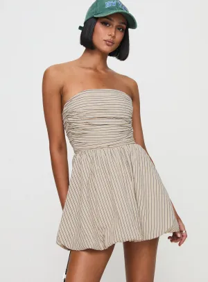 Hot Glow Festival Core Quinette Strapless Bubble Hem Mini Dress Beige Stripe