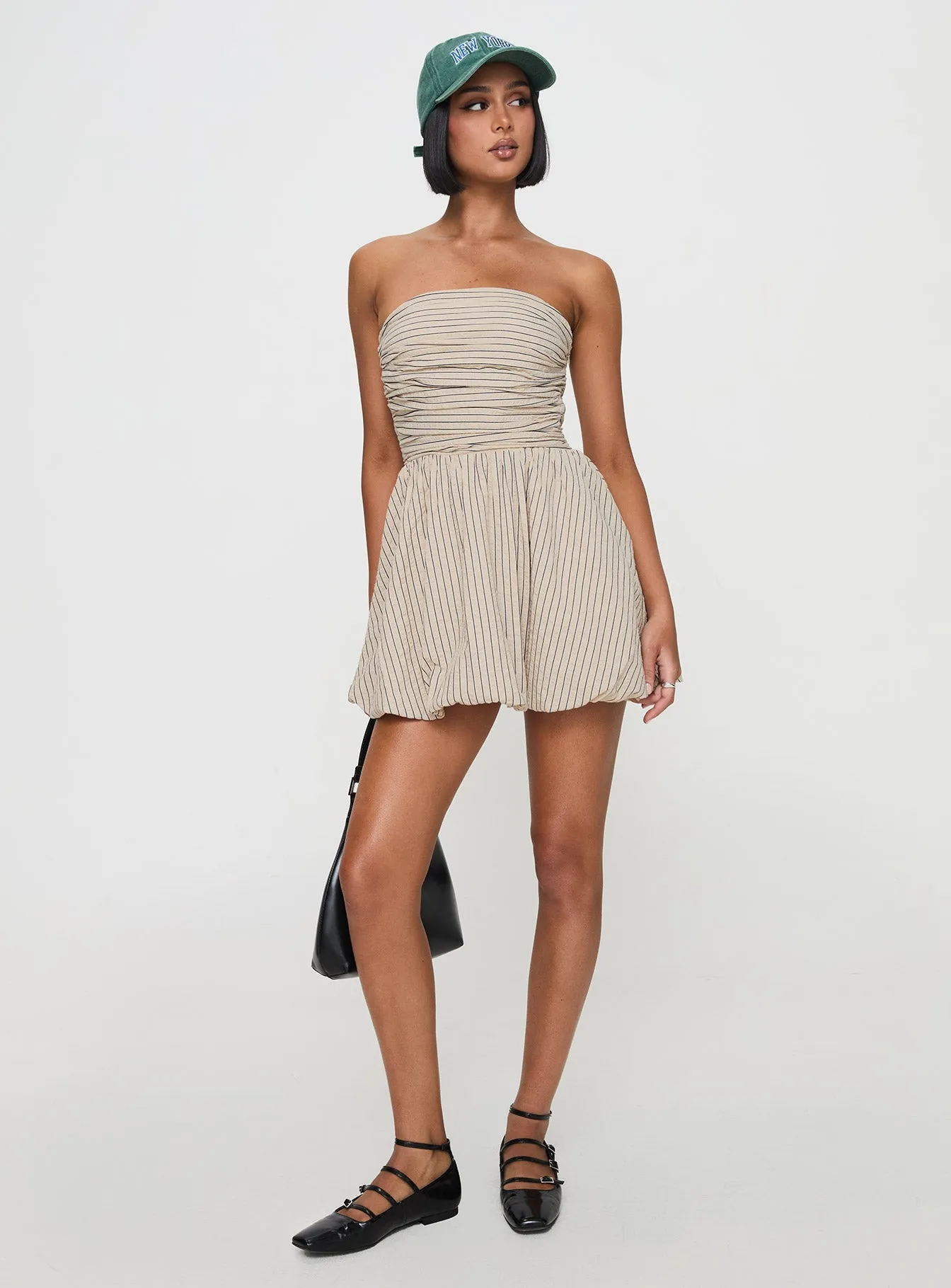 Breathable Lining Quinette Strapless Bubble Hem Mini Dress Beige Stripe