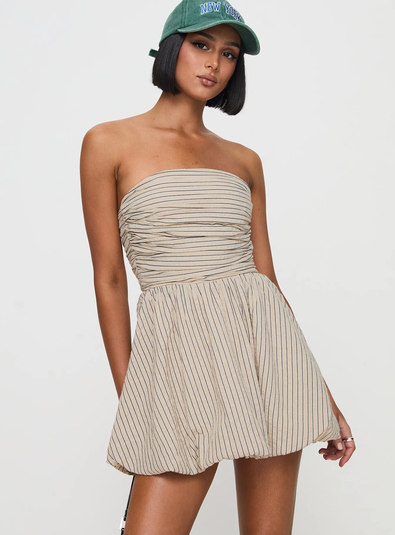 Hot Glow Festival Core Quinette Strapless Bubble Hem Mini Dress Beige Stripe