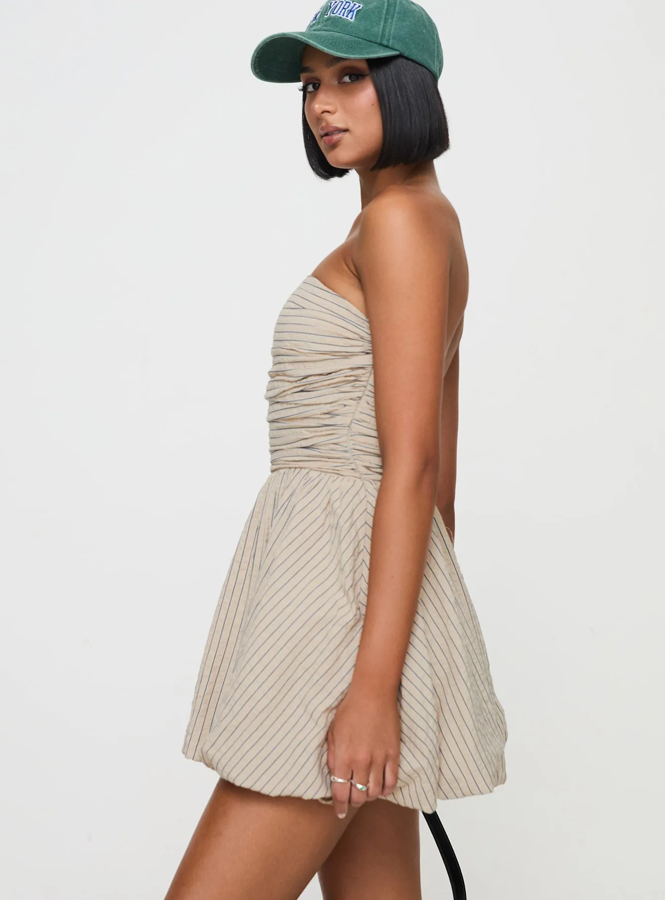 and Versatile evening mini dress. Street Icon Quinette Strapless Bubble Hem Mini Dress Beige Stripe