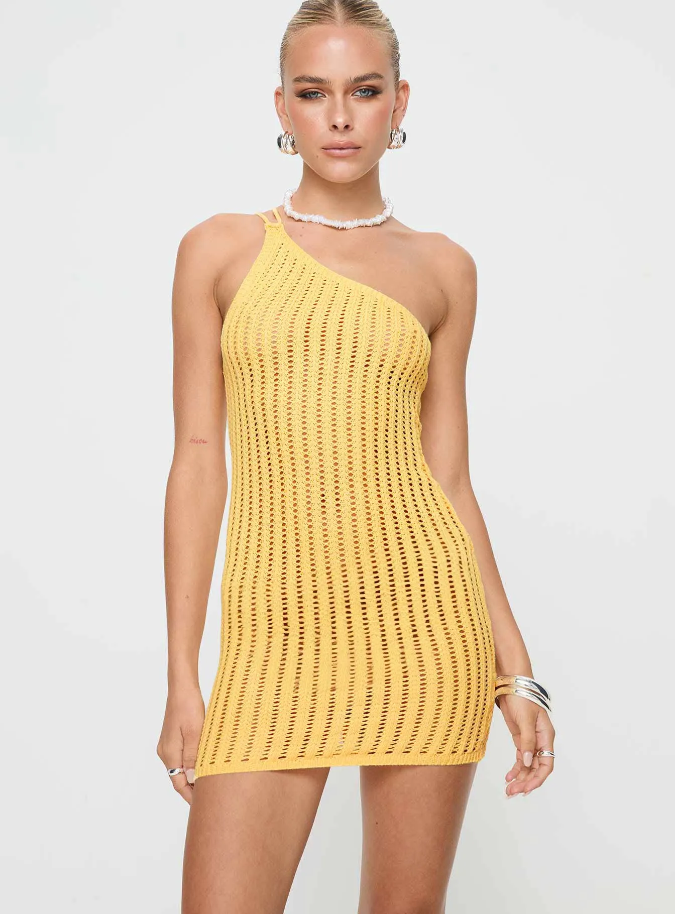 Voyage Crochet Mini Dress Yellow Odor Resistant Fabric Trendy weekend dress