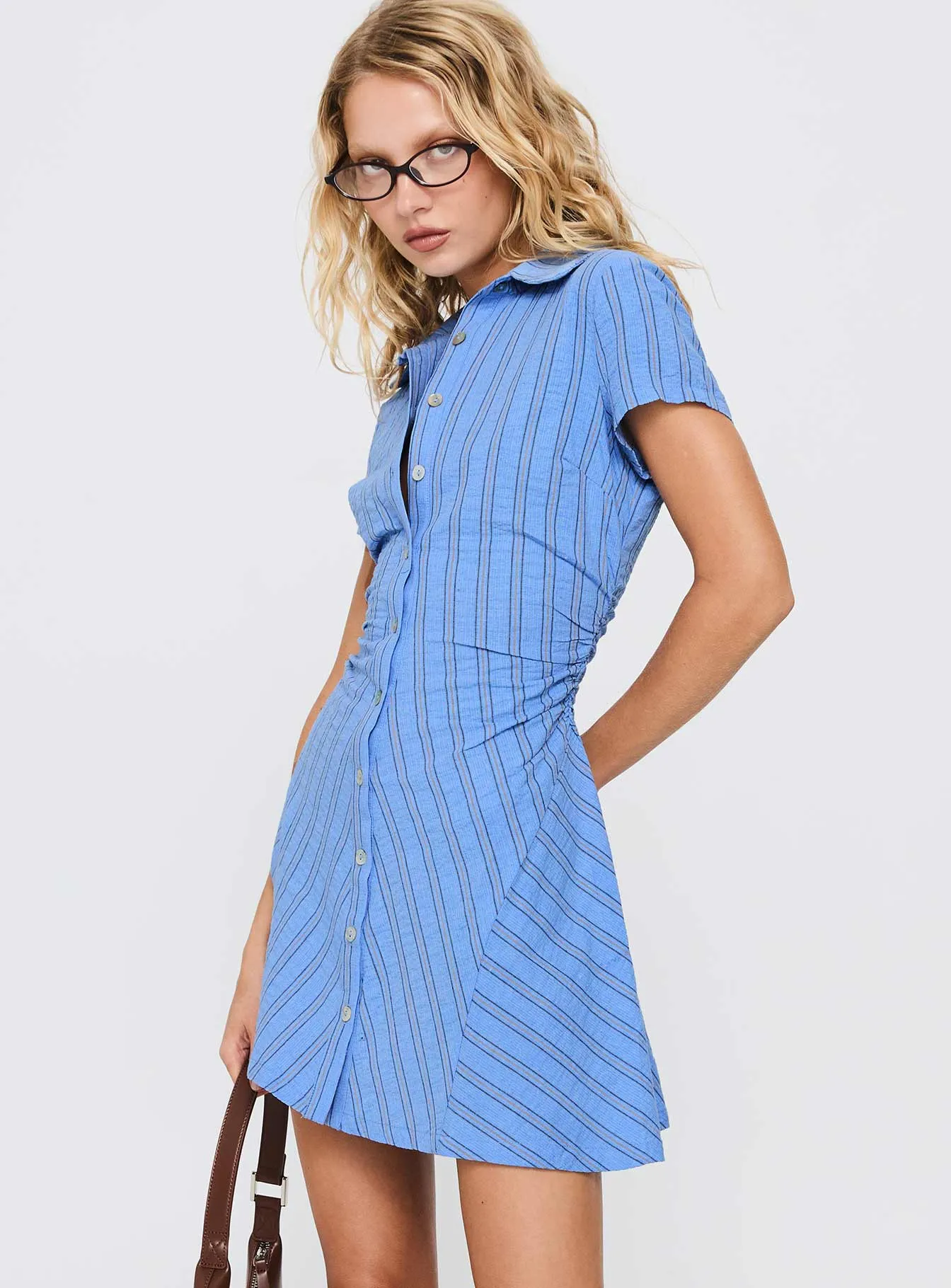 Saydie Button Down Mini Dress Blue Stripe Ventilated Underarm Panels Glow Hot