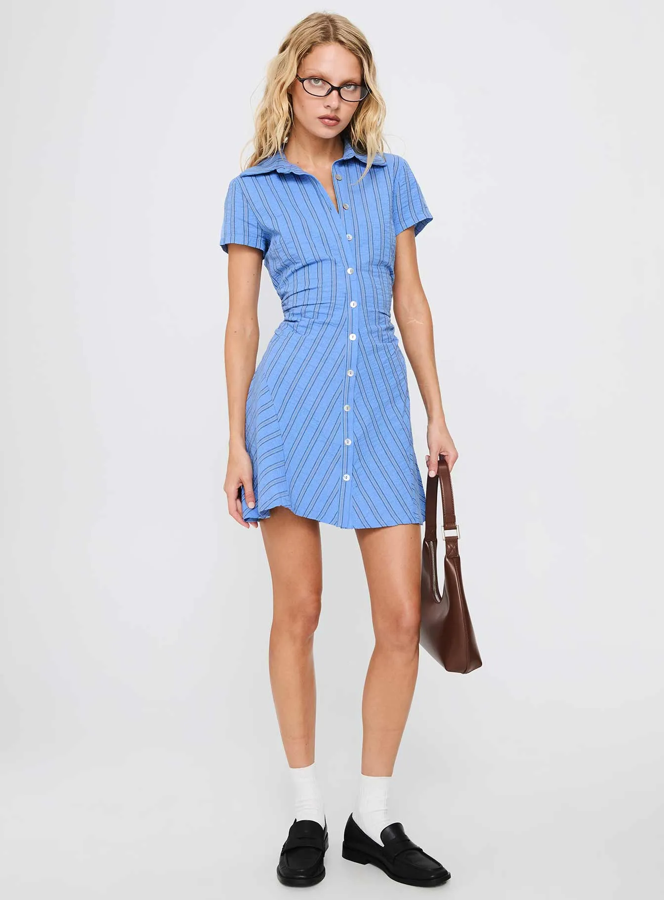 Recycled Polyester Material Saydie Button Down Mini Dress Blue Stripe