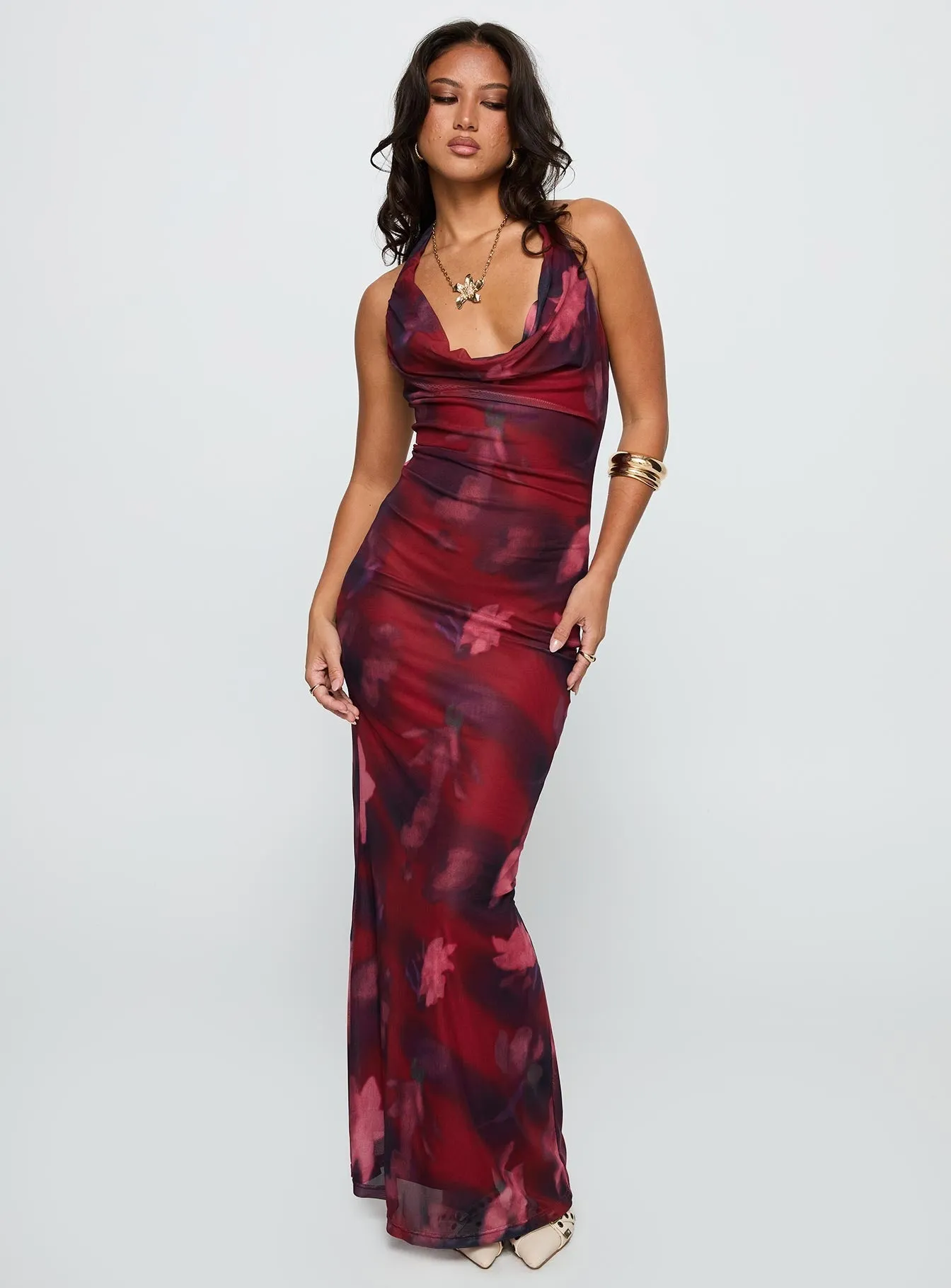 Vixyn Halter Maxi Dress Red Multi Mesh Touch