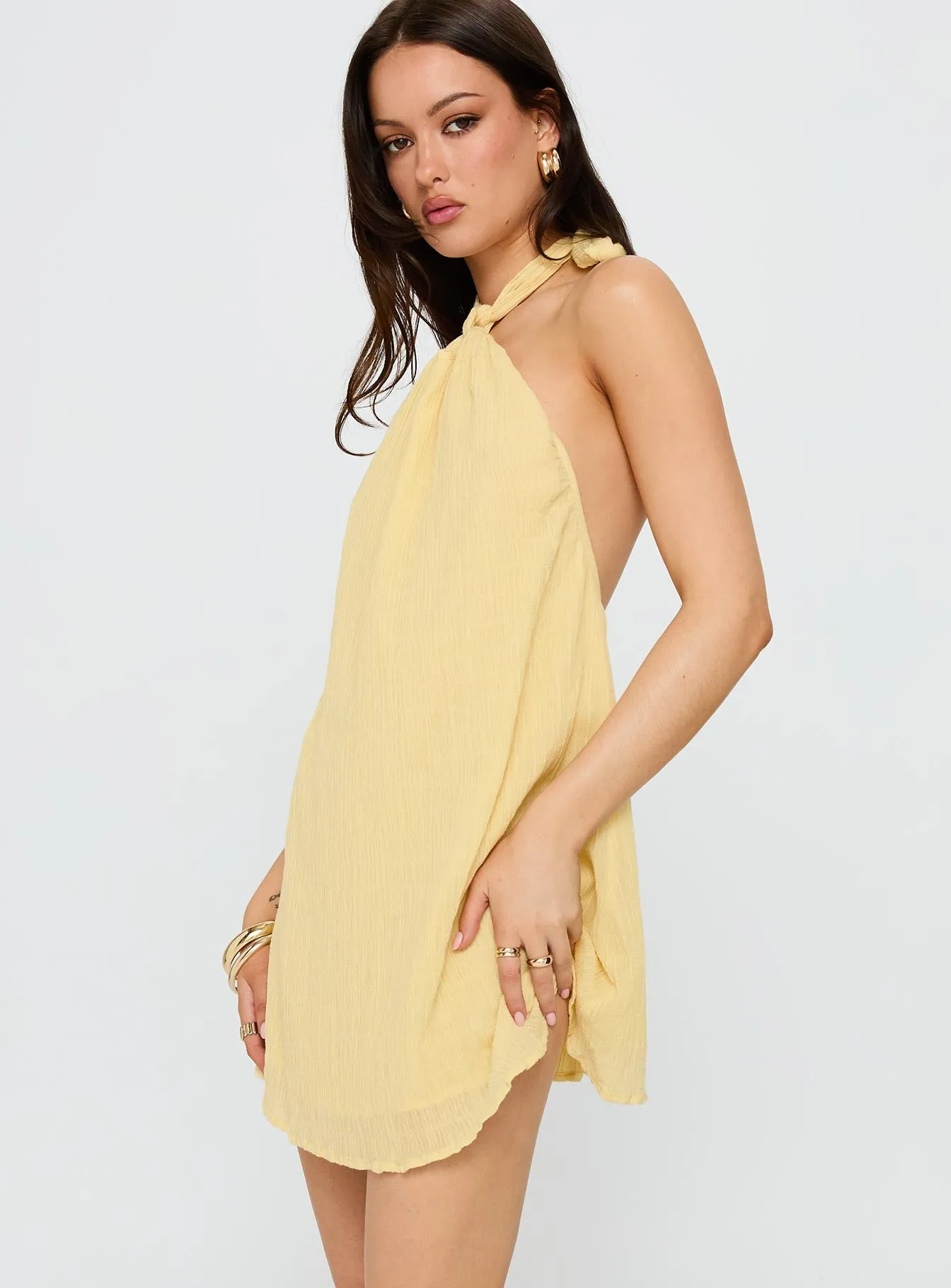 Smart Casual Style party mode Kaiko Halter Mini Dress Yellow