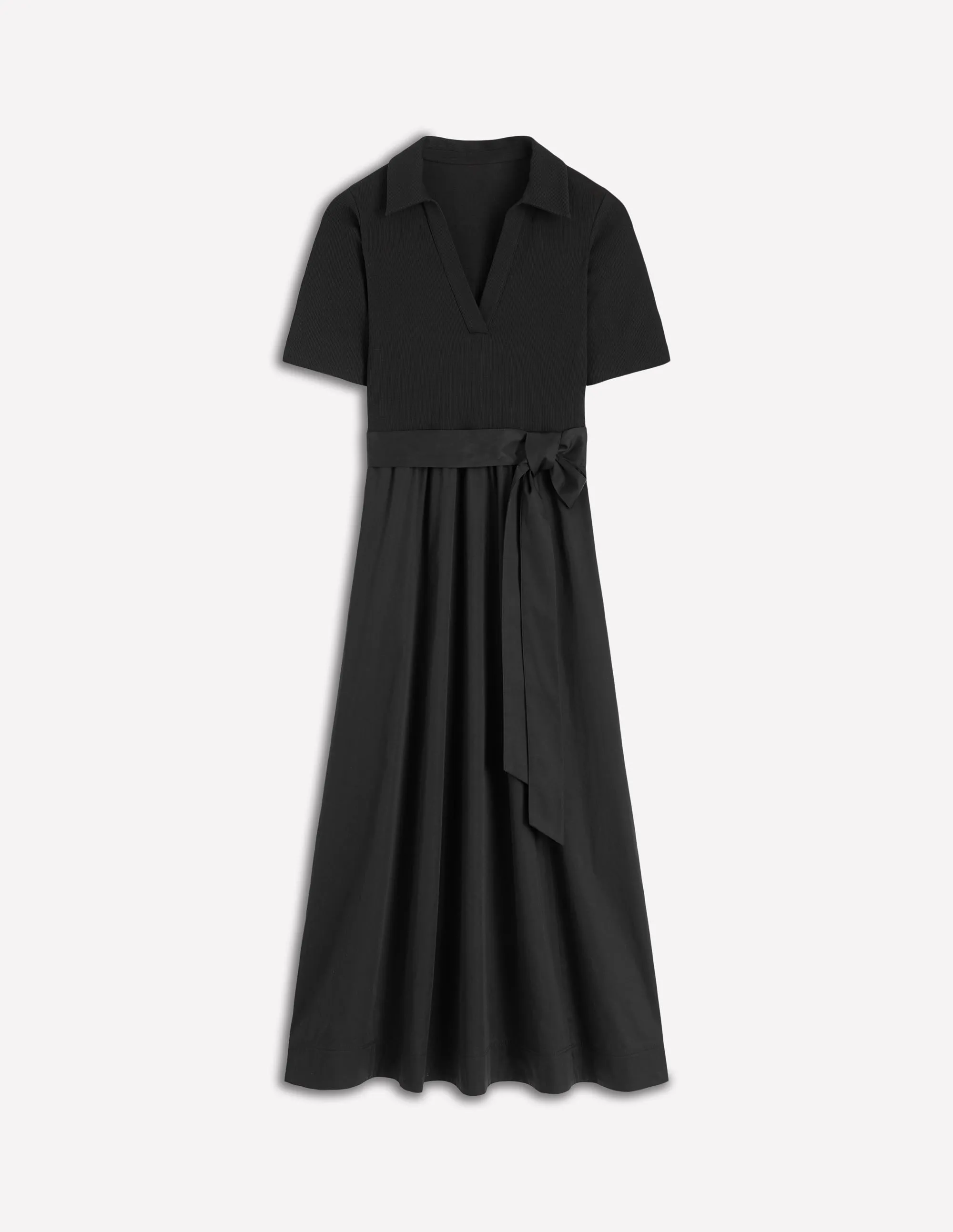 Modern Silhouette Collar Detail Mix Midi Dress-Black