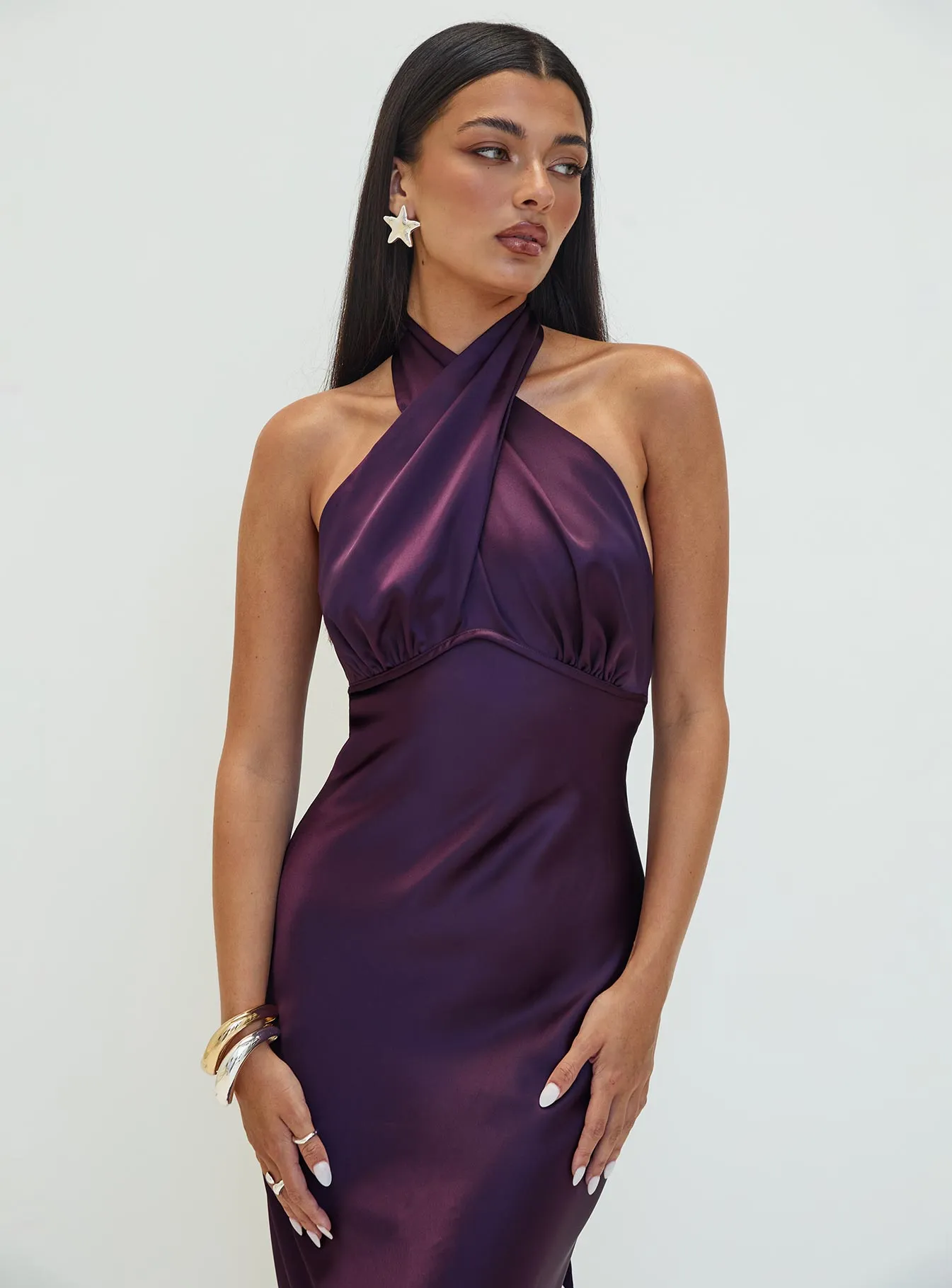 Rosaminta Halter Maxi Dress Plum Wide Arm