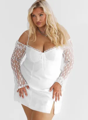 Knit Blend Fabric Chic Prints Ashwood Lace Sleeve Mini Dress White Curve