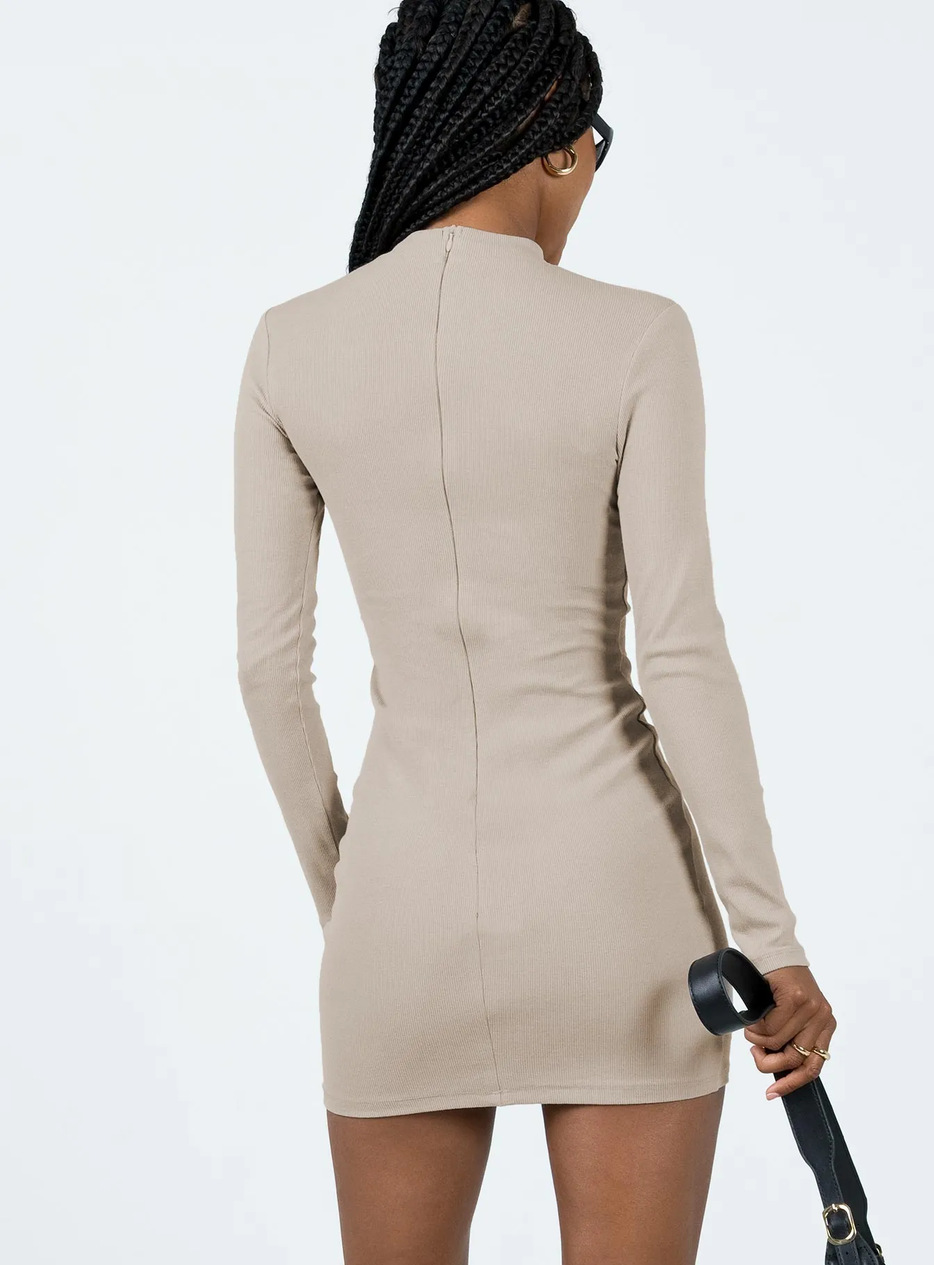 Trendy Vibe Flair Mode Diani Long Sleeve Mini Dress Beige