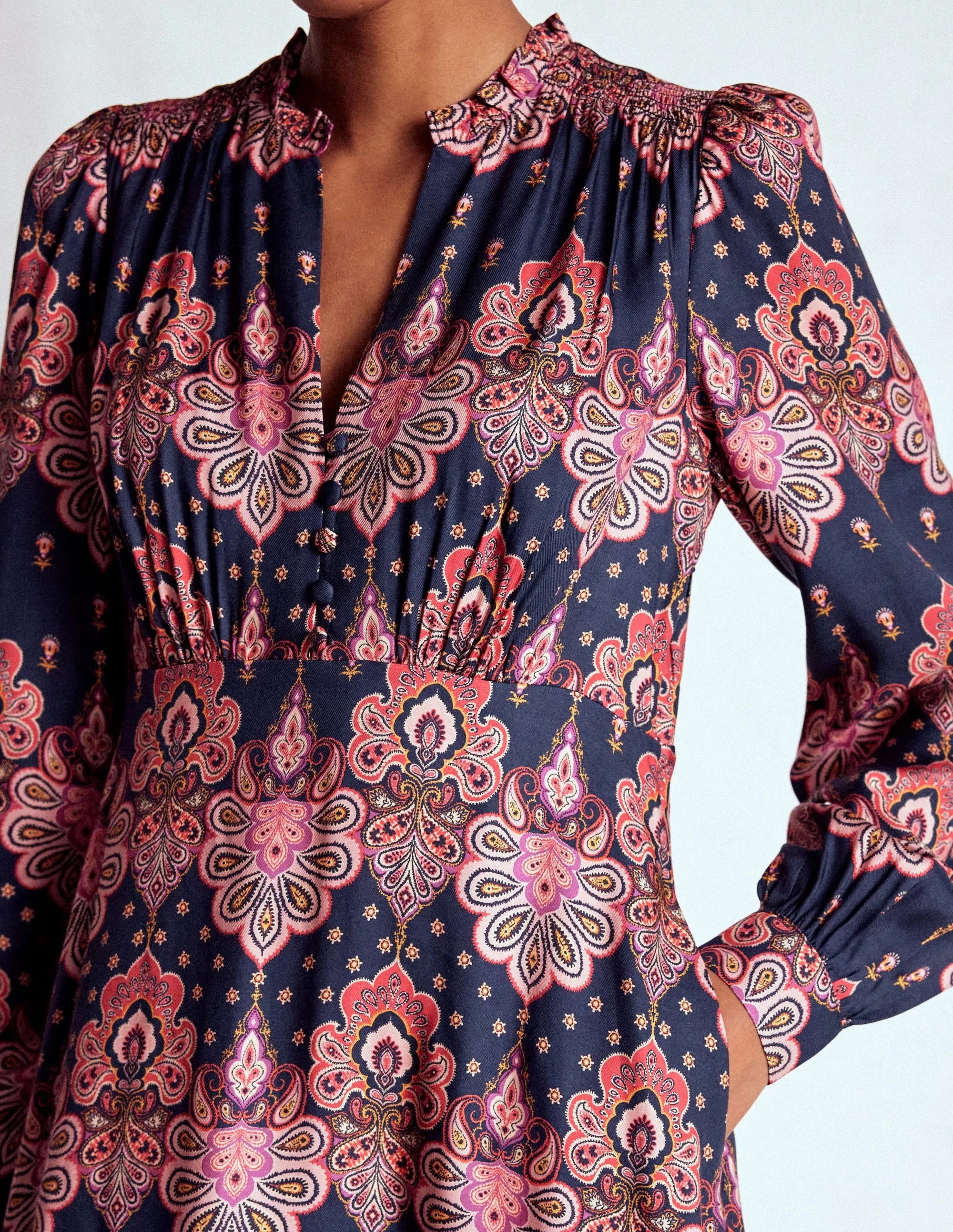 Flattering Shape Cassie Smocked Tea Dress-Navy, Embellished Paisley