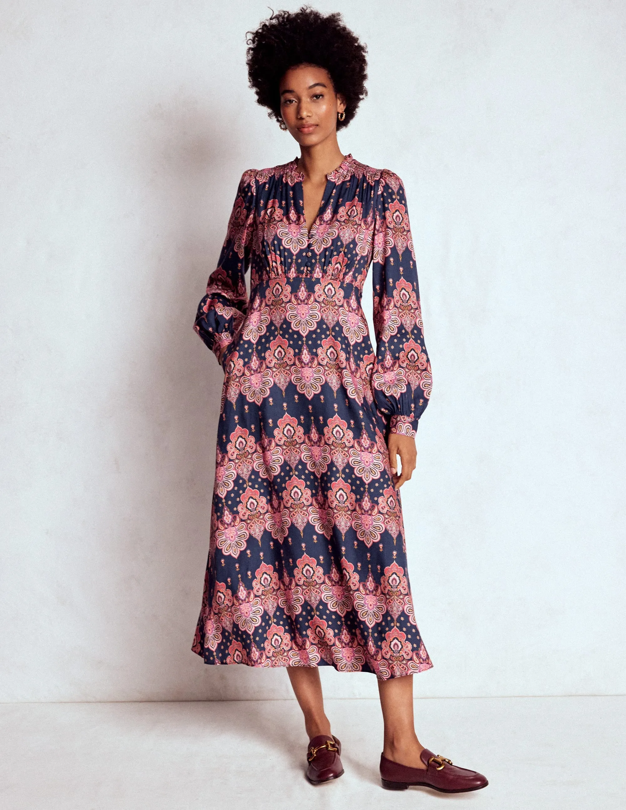 Cassie Smocked Tea Dress-Navy, Embellished Paisley Stylish Details