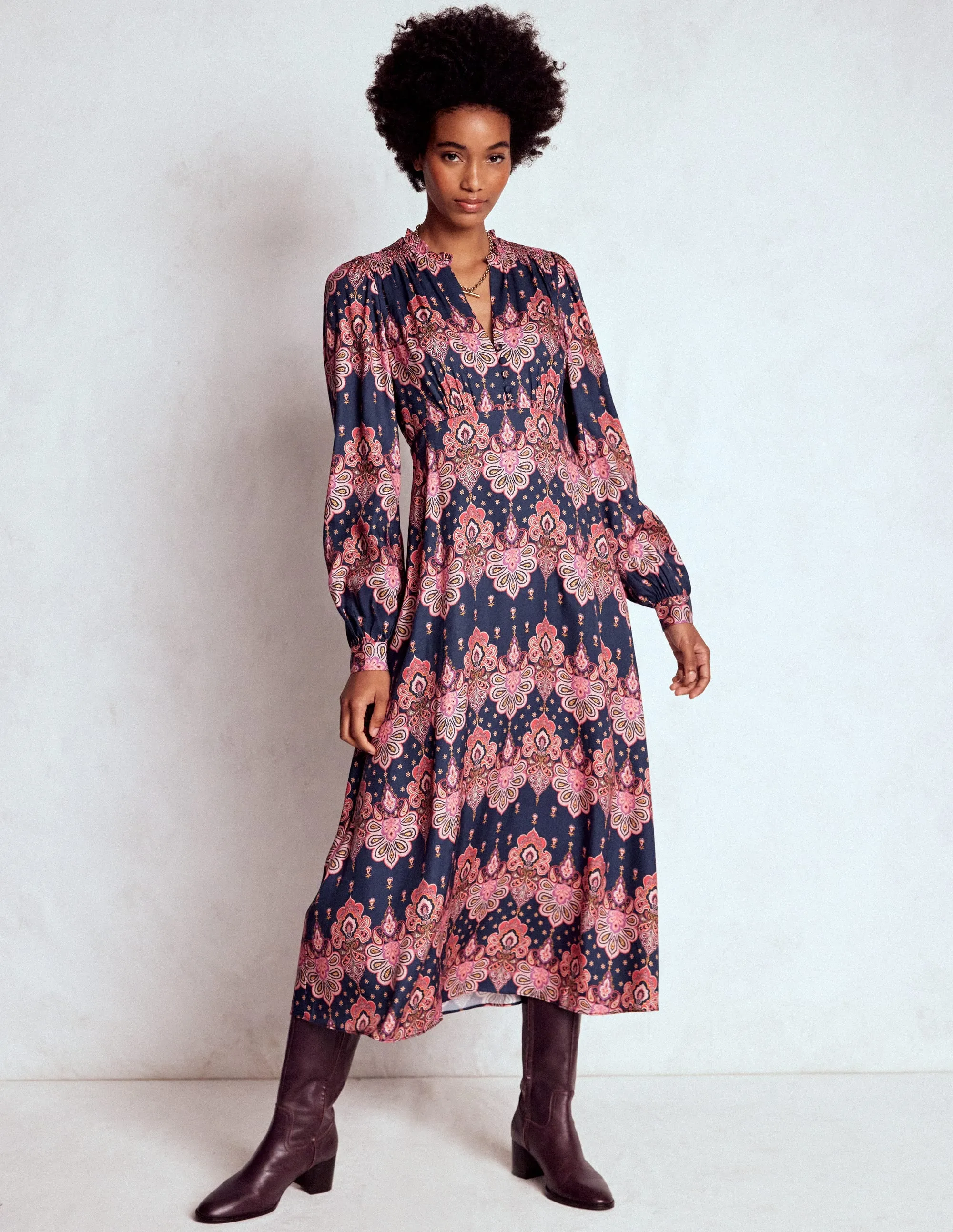 Cassie Smocked Tea Dress-Navy, Embellished Paisley Modern Comfort Gold Hour