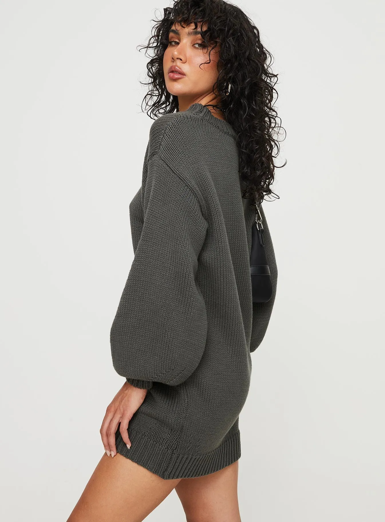 Harmony Balloon Sleeve Knit Mini Dress Charcoal Hot Girl