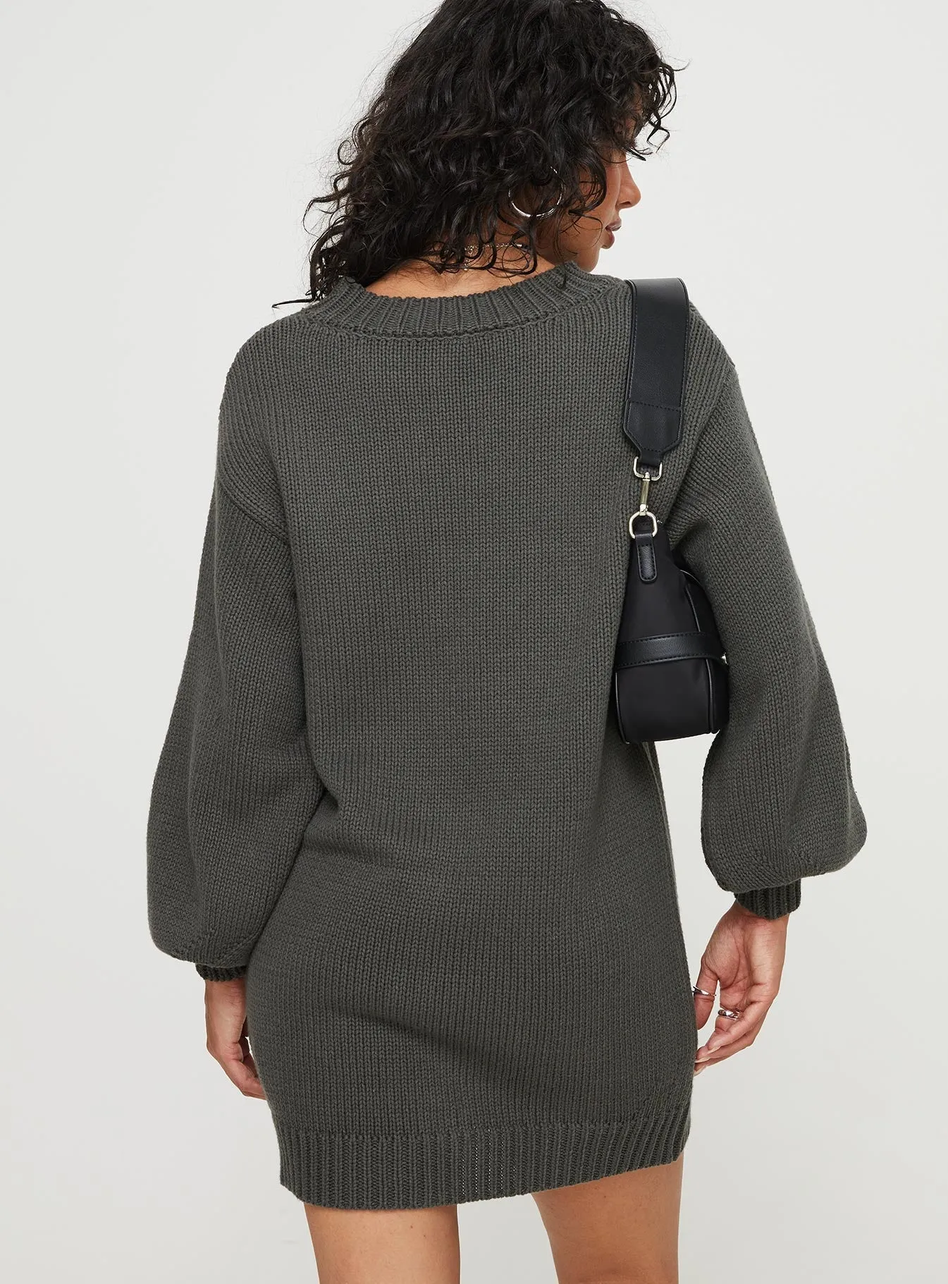 Harmony Balloon Sleeve Knit Mini Dress Charcoal Stretchable Fit Spice Core