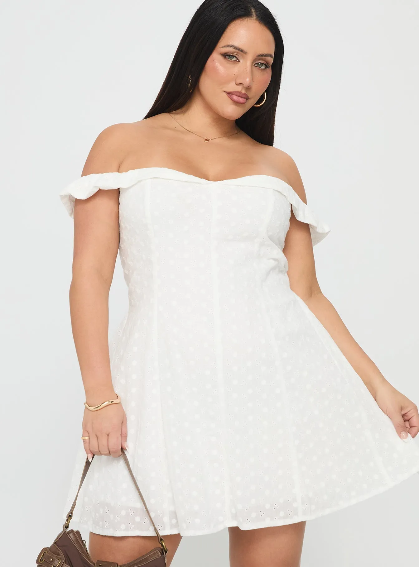 Rosebud Broderie Off The Shoulder Mini Dress White Curve Fun statement mini Timeless Look