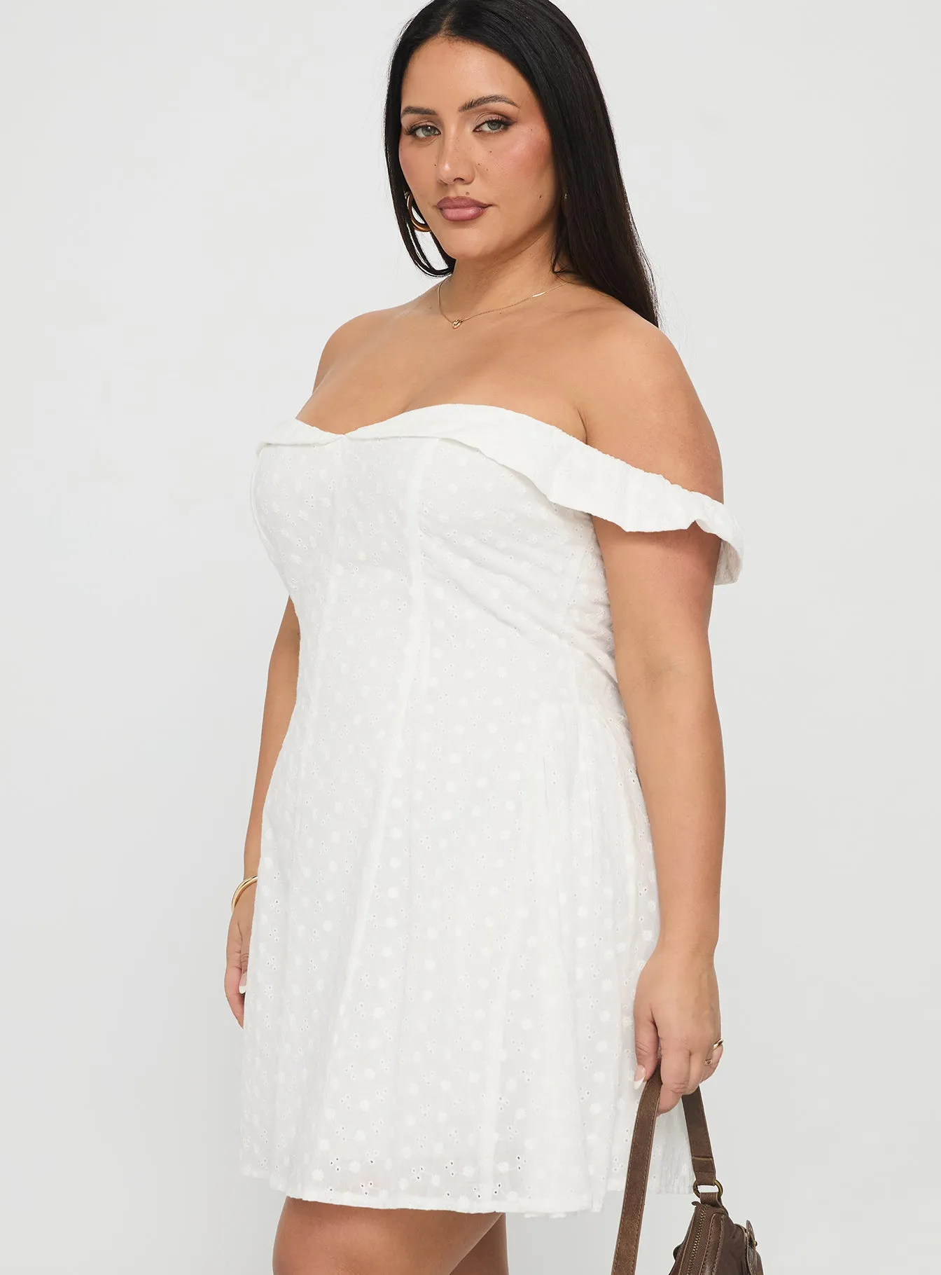 Rosebud Broderie Off The Shoulder Mini Dress White Curve Glow Mood Hot Warm