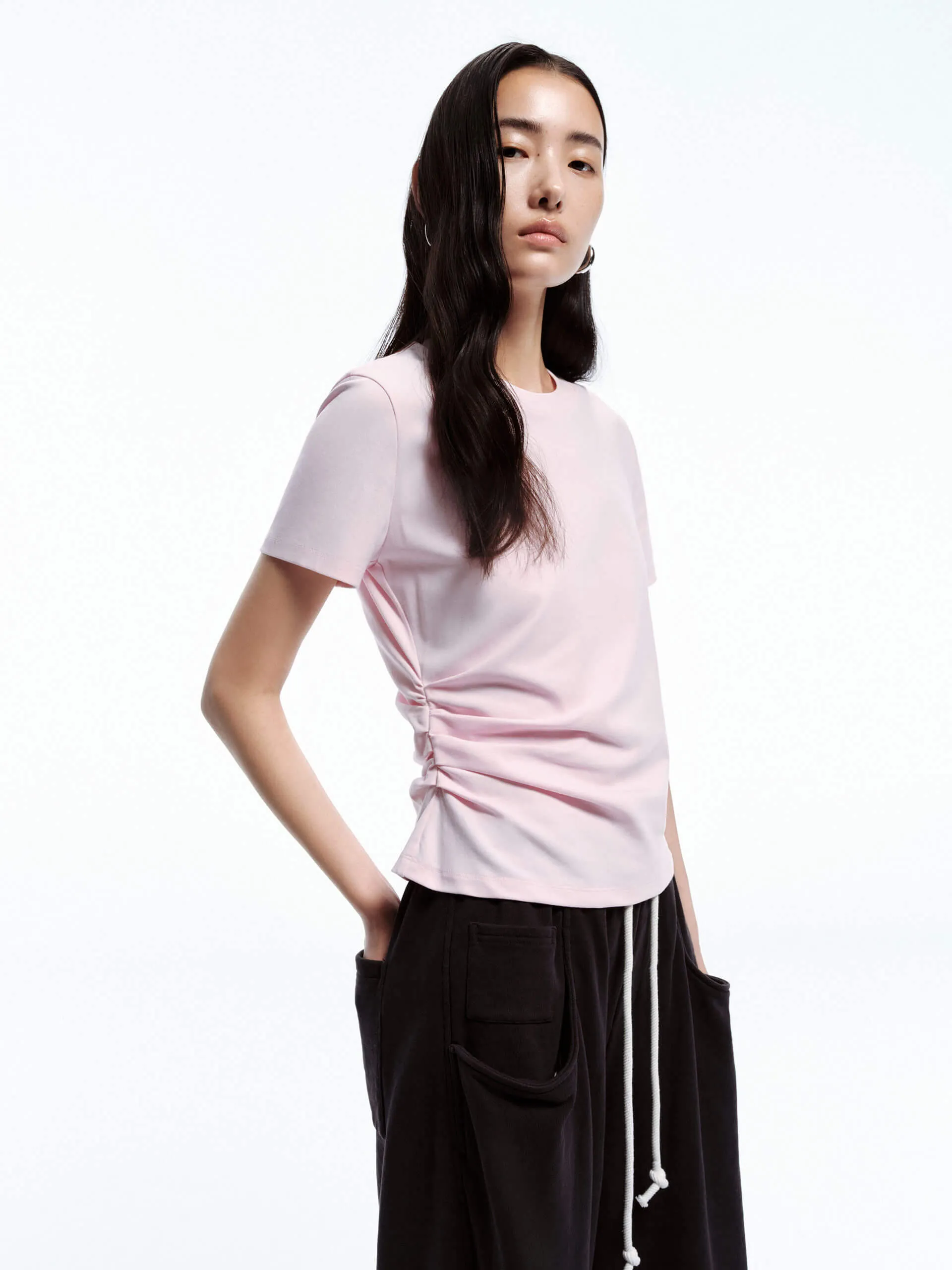Essential Layer Chic Style Trend Side Pleated Fitted T-shirt