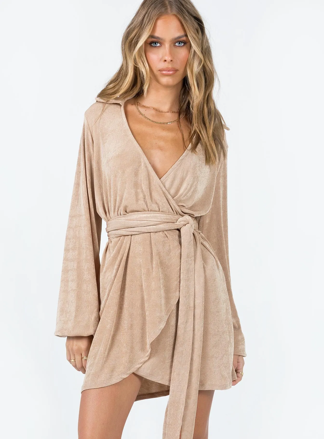 Modern and sleek mini Flirty Vibe Party Time Mini Dress Beige