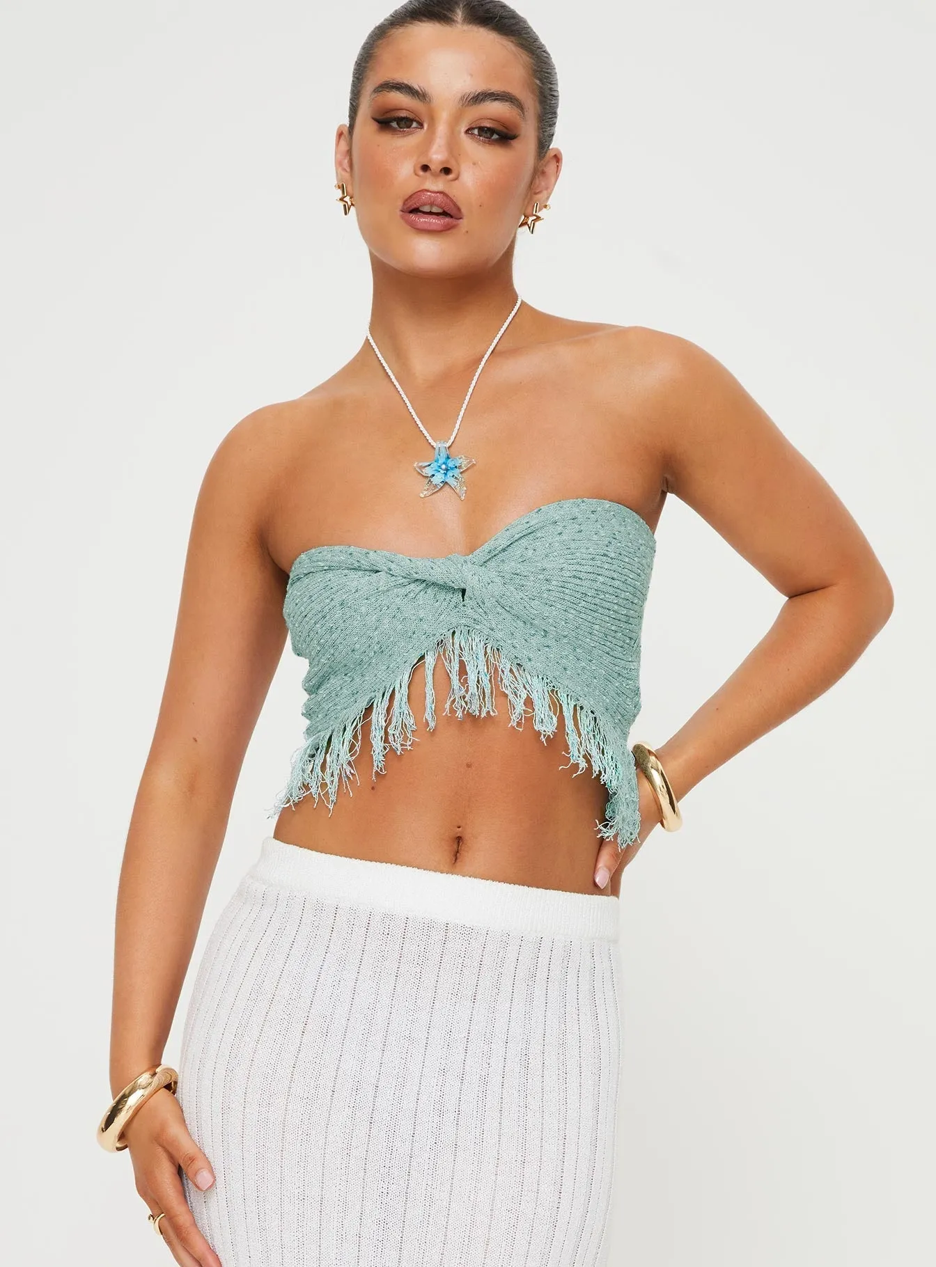 Kovac Reversible Fringe Tube Top Blue Reflective Trim Details Organic Cotton Fiber