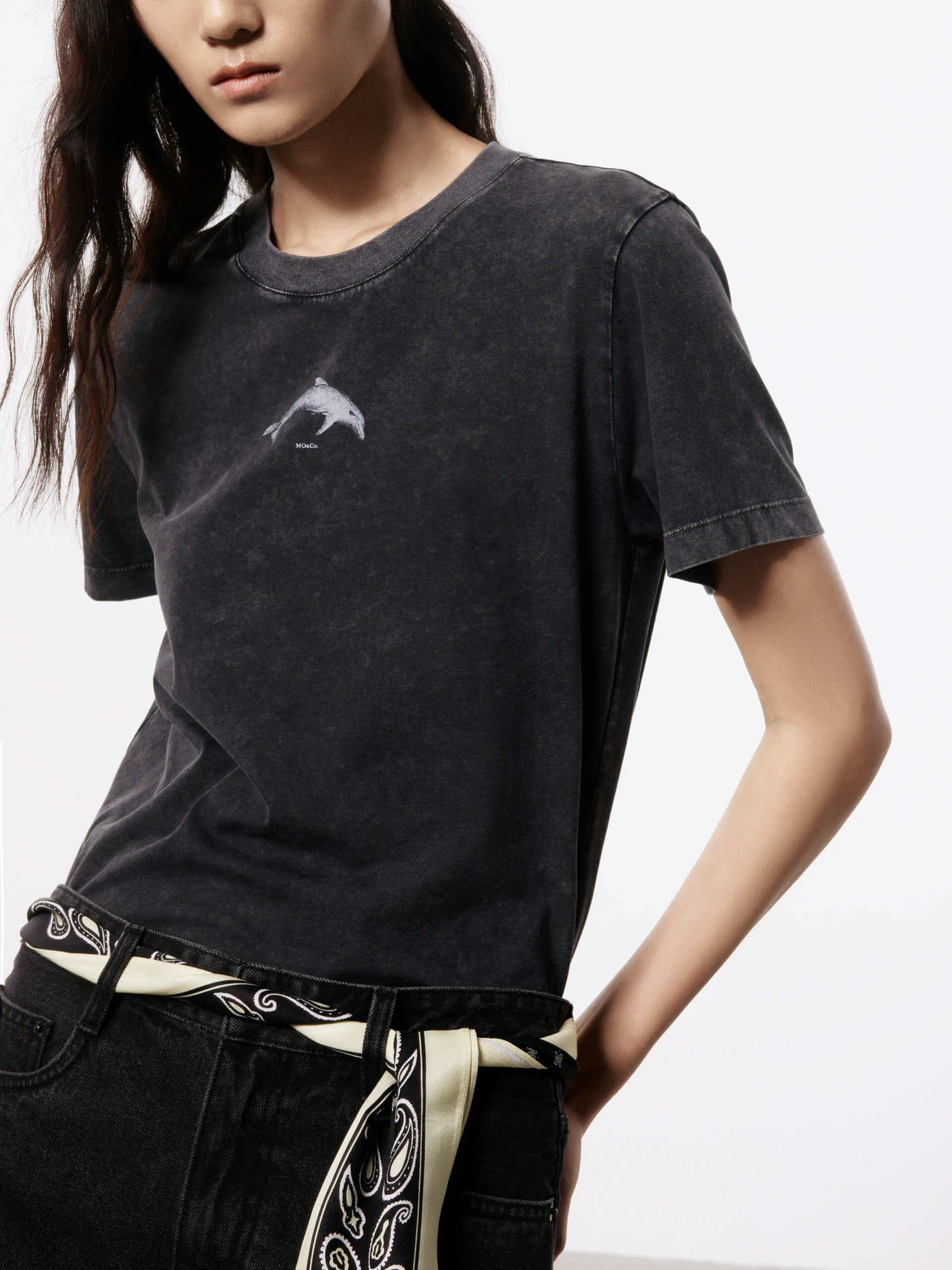 Dolphin Print Crewneck T-shirt Stretchable Fabric