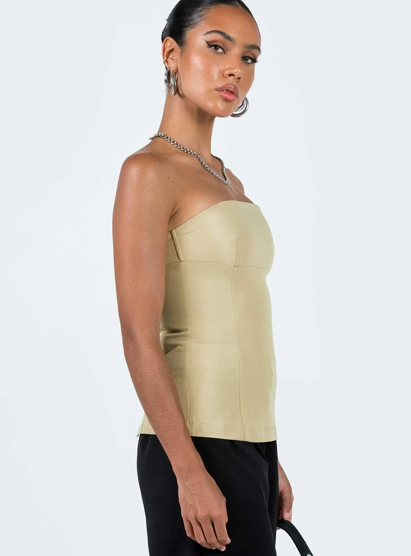 Wrinkle Free Weave Wesanders Strapless Top Camel