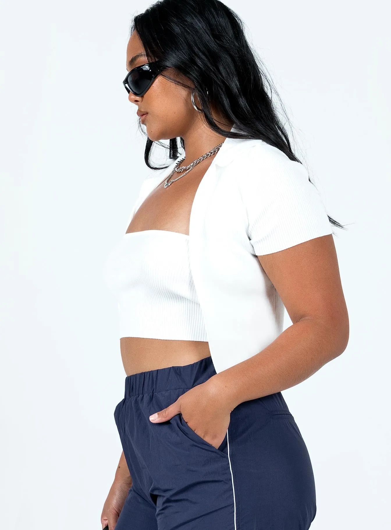 Avah Two Piece Top White NonRestrictive Fit Hidden Pocket Design