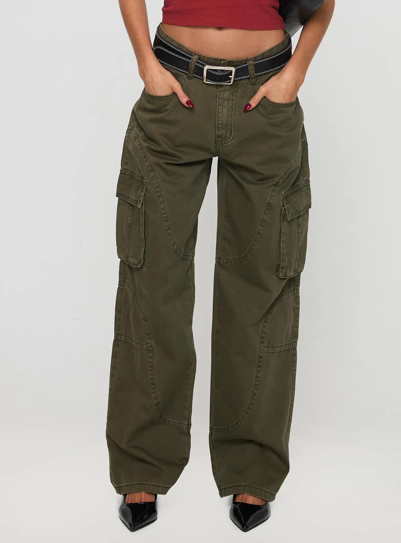 Ahstin Mid Rise Straight Leg Cargo Jeans Green Petite Adjustable Belt Loops