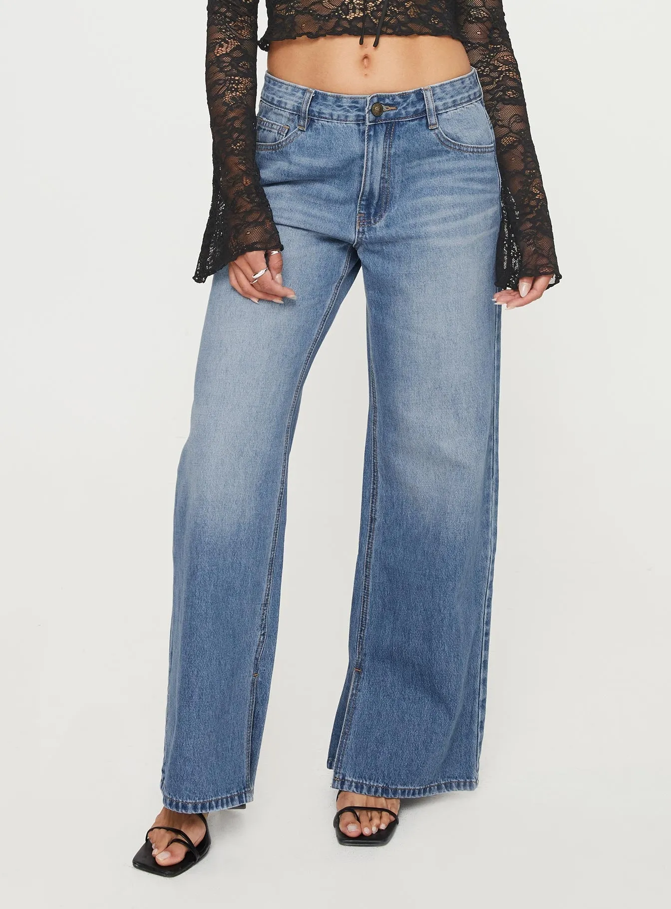 Azula Mid Rise Wide Leg Denim Jean Mid Blue Urban Explorer Evening Stroll Casual Friday Party Look Sunny Vibes Couple Look