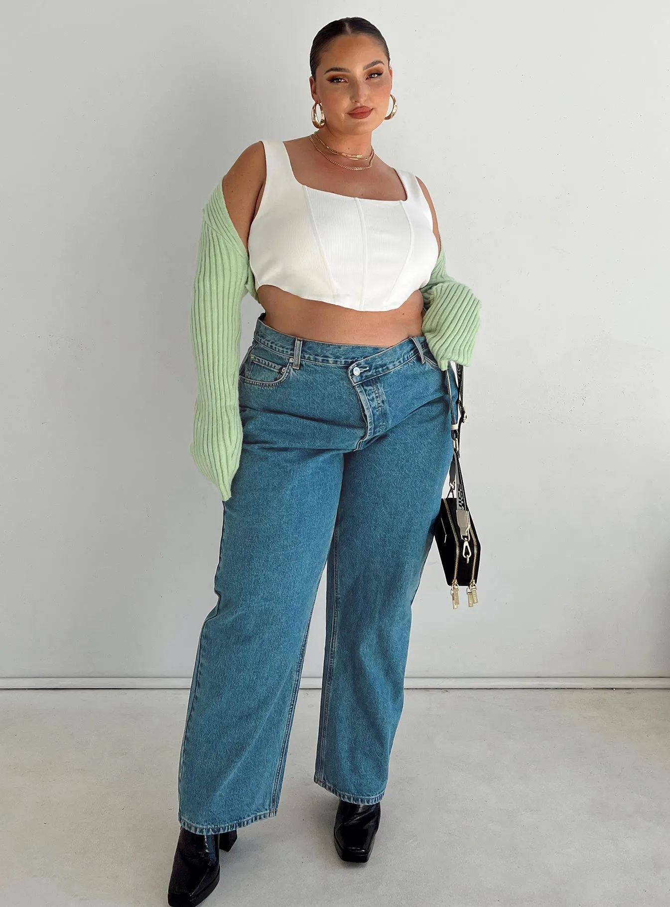 Holly Asymmetric Straight Leg Jean Mid Wash Denim Curve Eco Friendly Date Night Breathable Travel Outfit Brunch Outfit