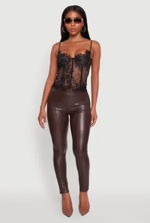 Thermal Insulation Active Lifestyle Compression Support Faux Leather Fleece Lined Pintuck Leggings