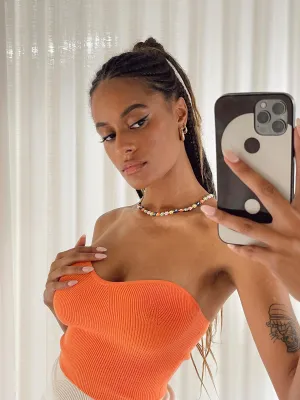 Hidden Button Placket Alima Strapless Top Orange