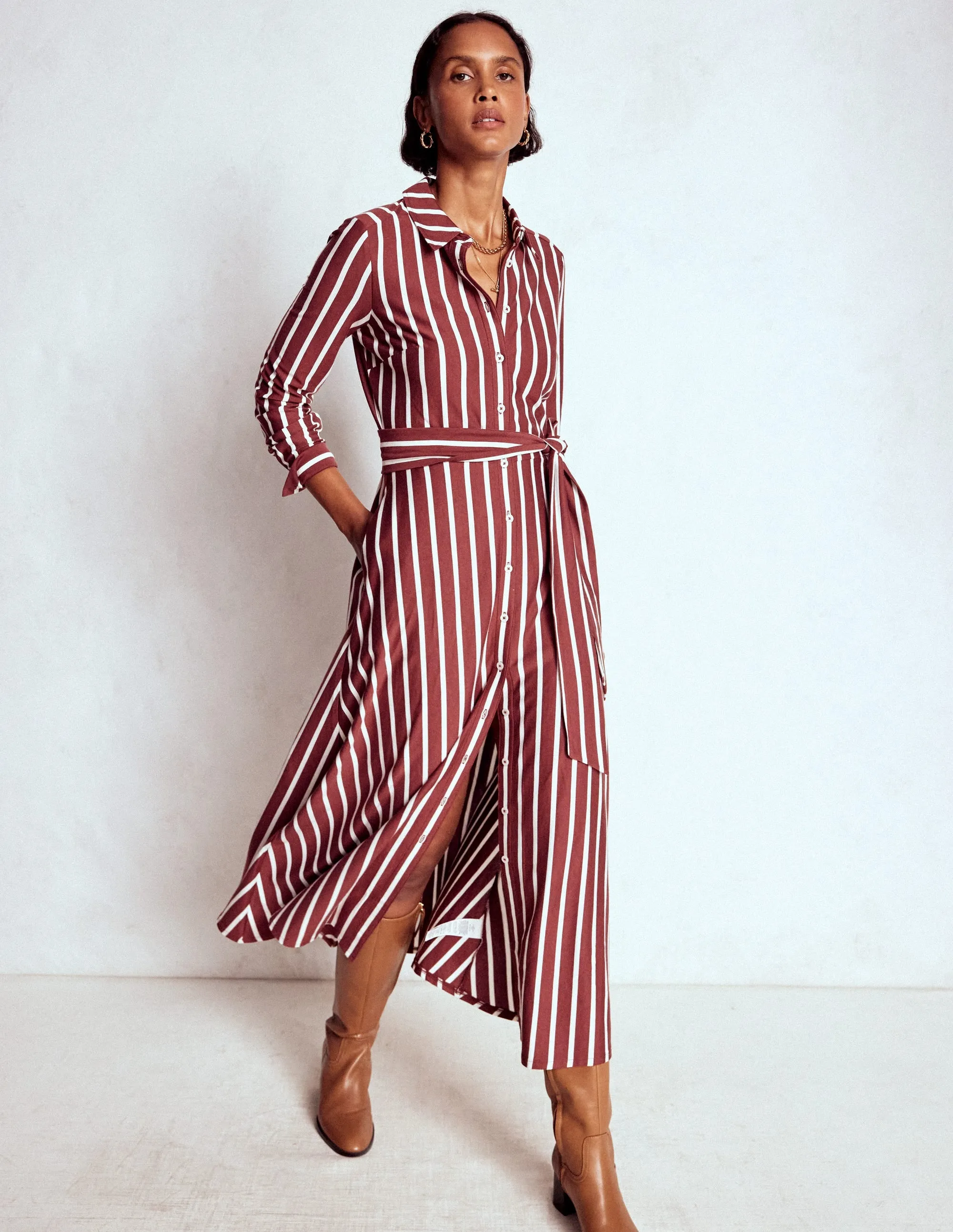 Marcia Jersey Shirt Dress-Chestnut and Ivory Stripe Romantic Soul Air Float