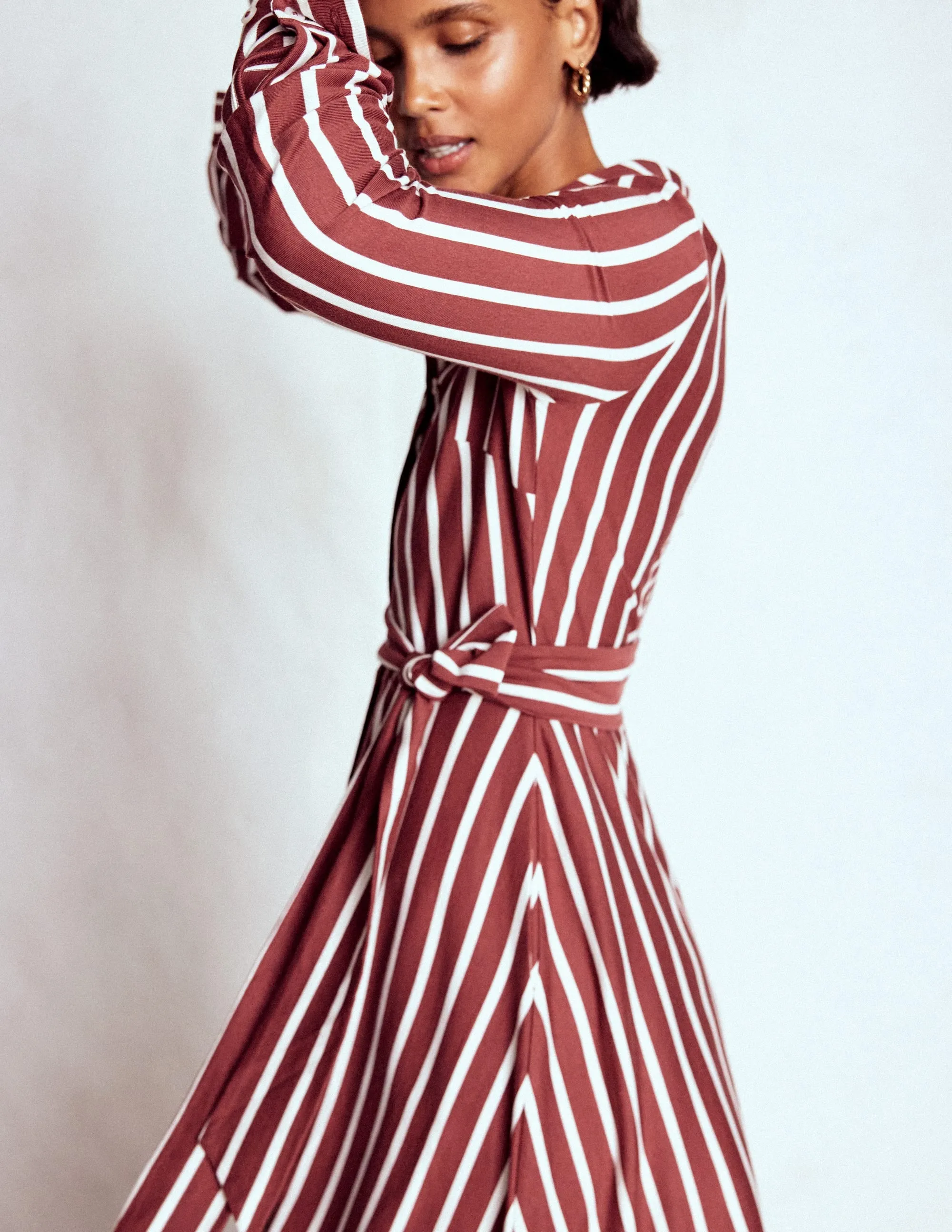 Marcia Jersey Shirt Dress-Chestnut and Ivory Stripe Flower Lane